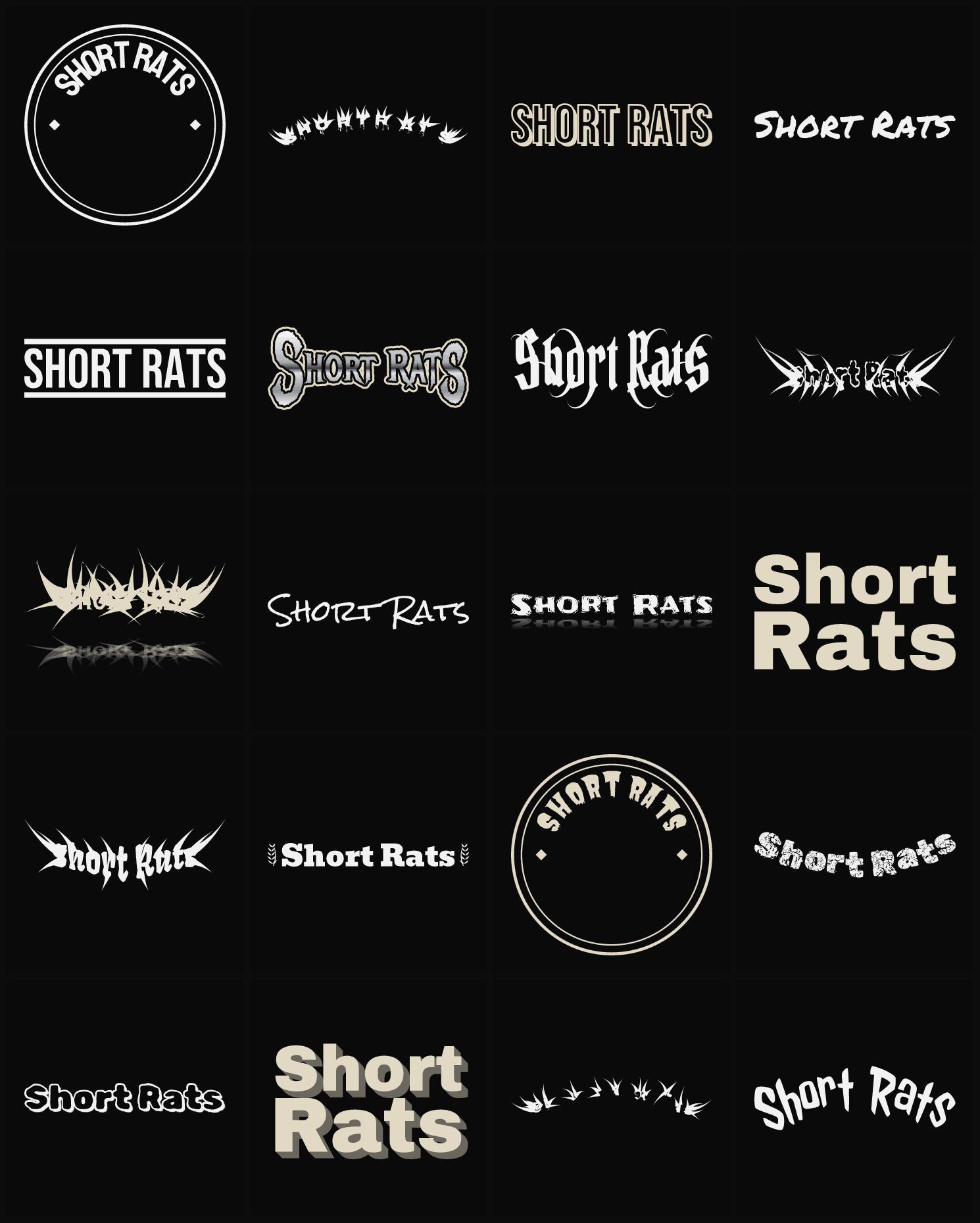 Twenty Short Rats band logo ideas — different faces, treatments and spike settings