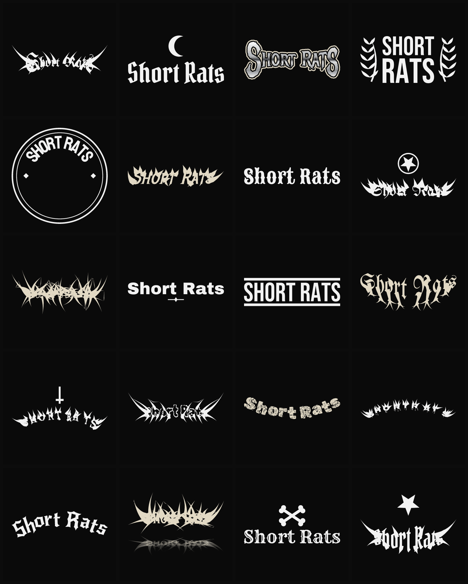 Twenty Short Rats band logo ideas — different faces, treatments and spike settings