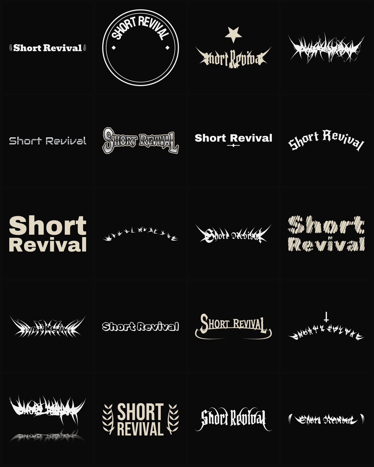 Twenty Short Revival band logo ideas — different faces, treatments and spike settings