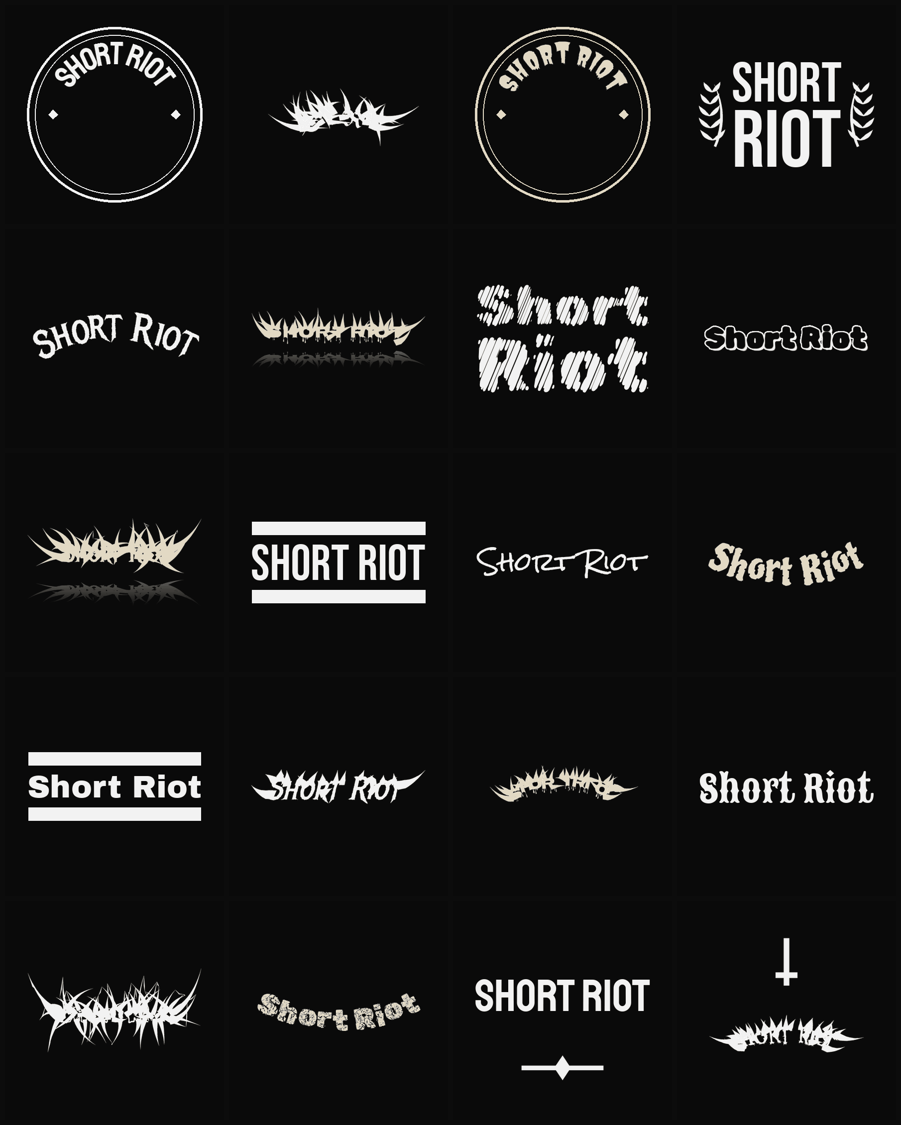 Twenty Short Riot band logo ideas — different faces, treatments and spike settings