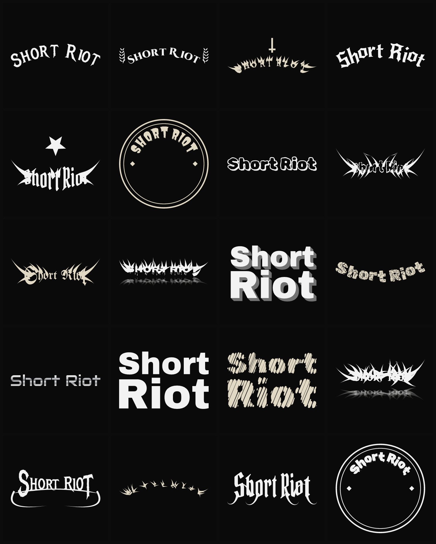 Twenty Short Riot band logo ideas — different faces, treatments and spike settings