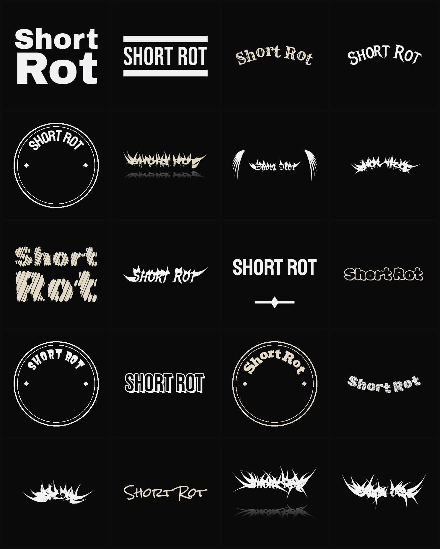 Twenty Short Rot band logo ideas — different faces, treatments and spike settings