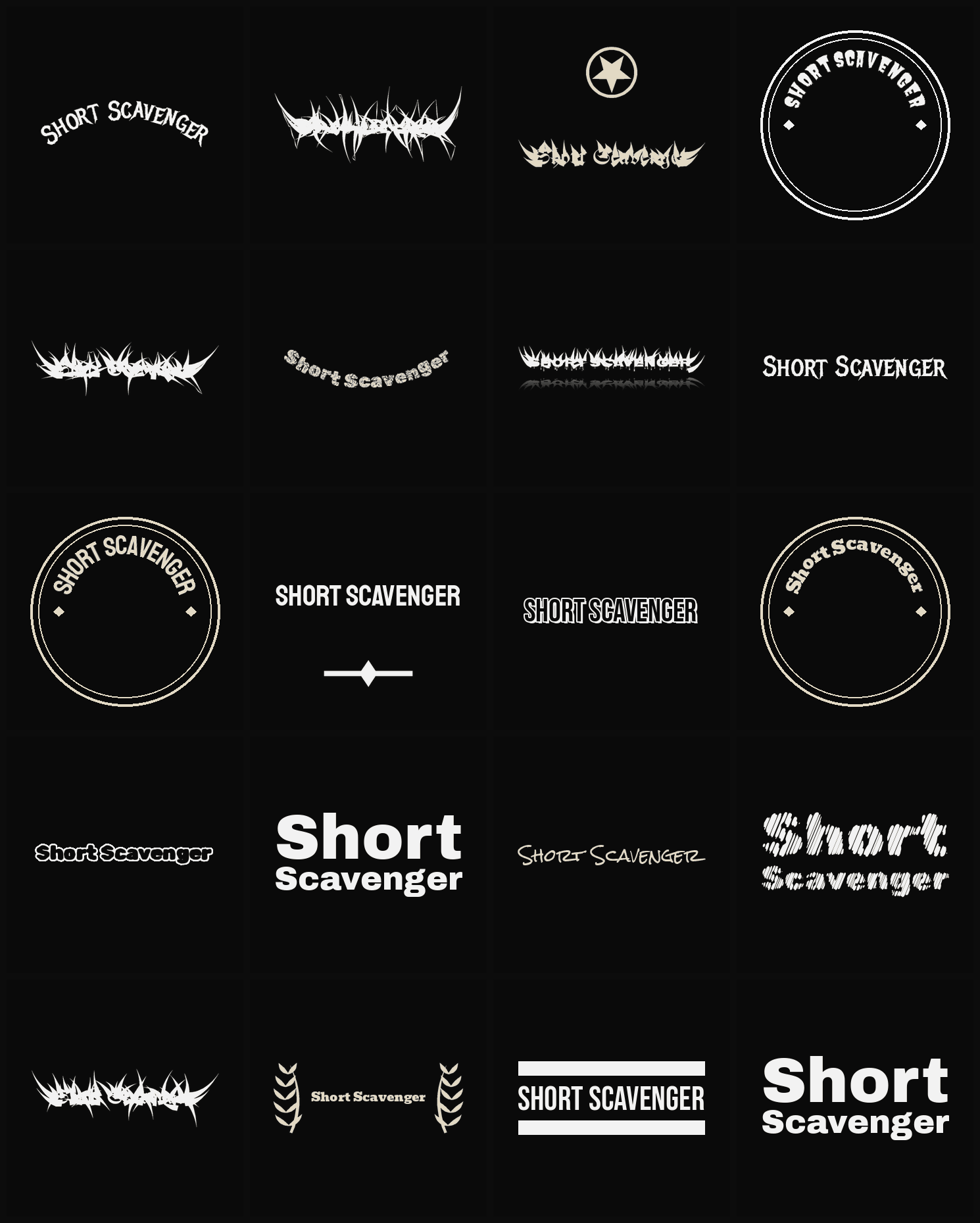 Twenty Short Scavenger band logo ideas — different faces, treatments and spike settings