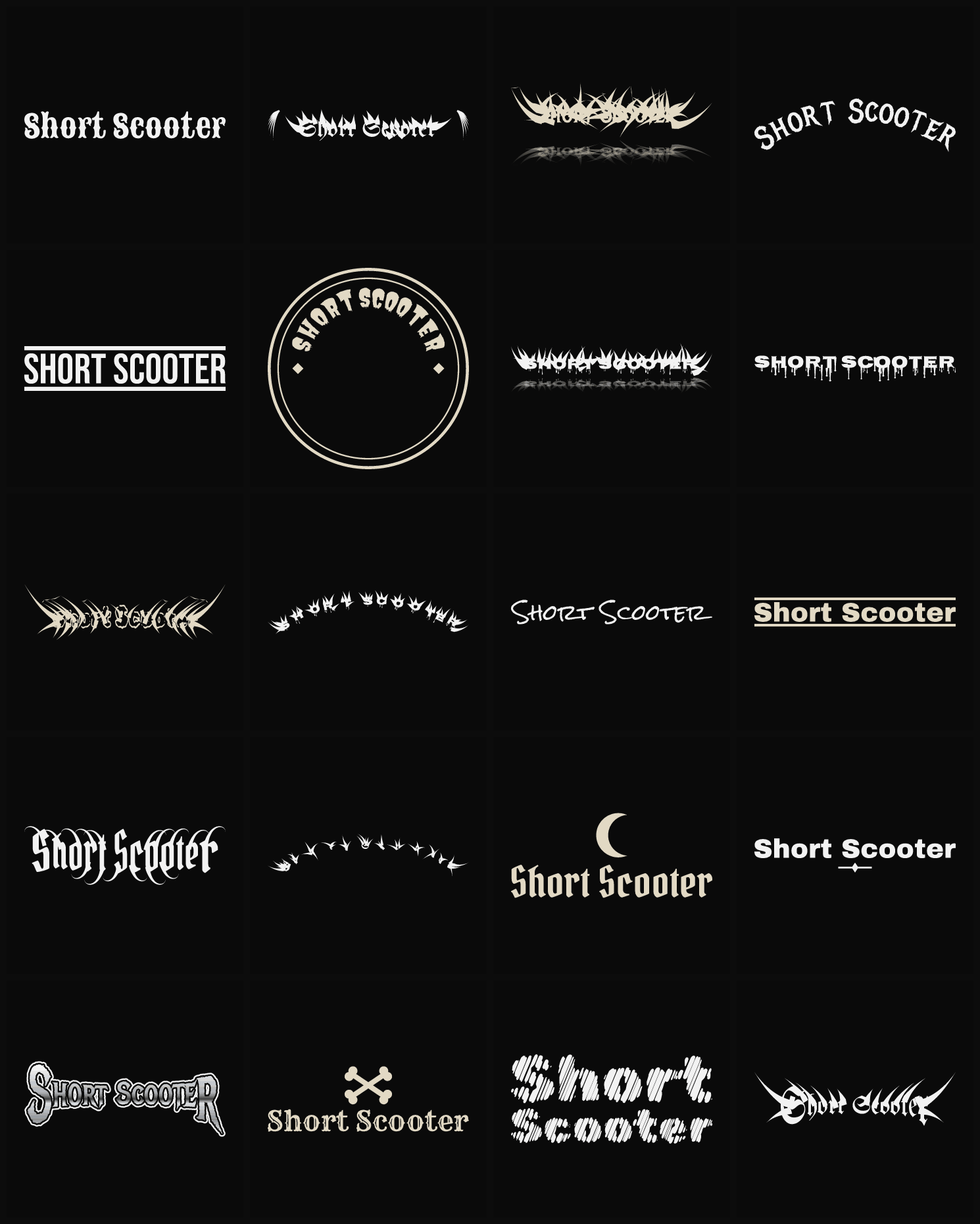 Twenty Short Scooter band logo ideas — different faces, treatments and spike settings