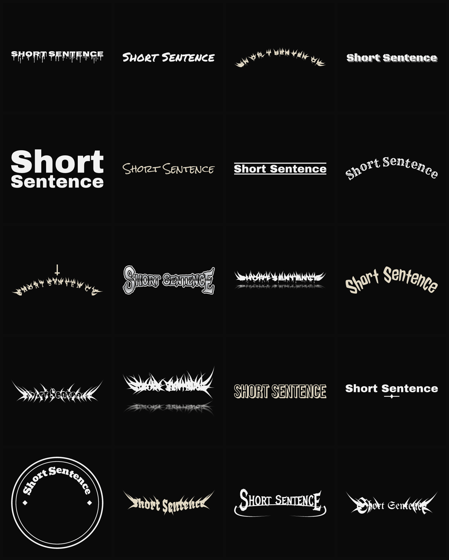 Twenty Short Sentence band logo ideas — different faces, treatments and spike settings