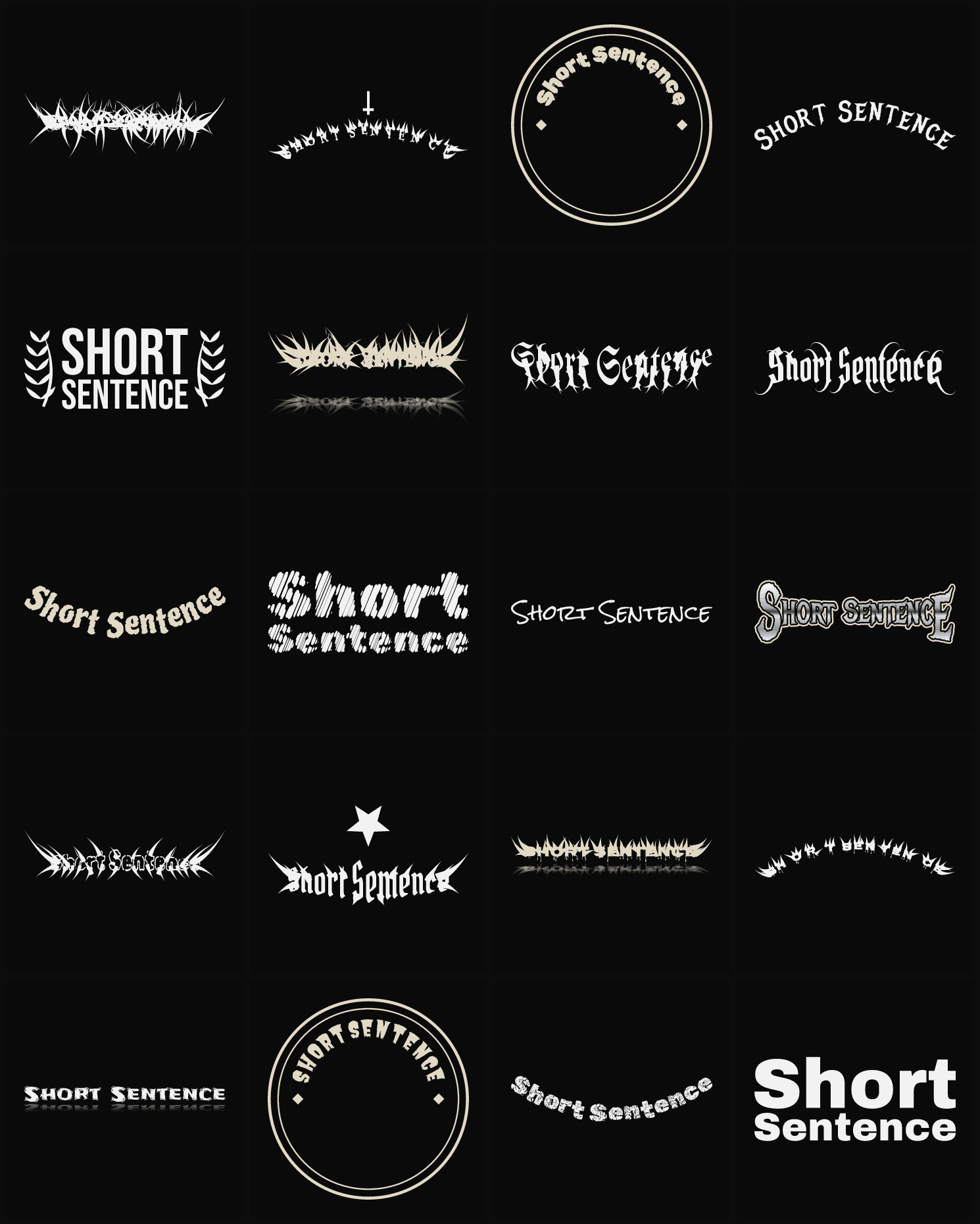 Twenty Short Sentence band logo ideas — different faces, treatments and spike settings