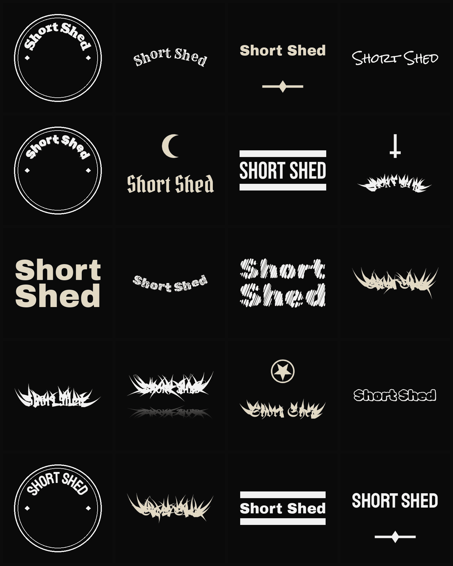 Twenty Short Shed band logo ideas — different faces, treatments and spike settings