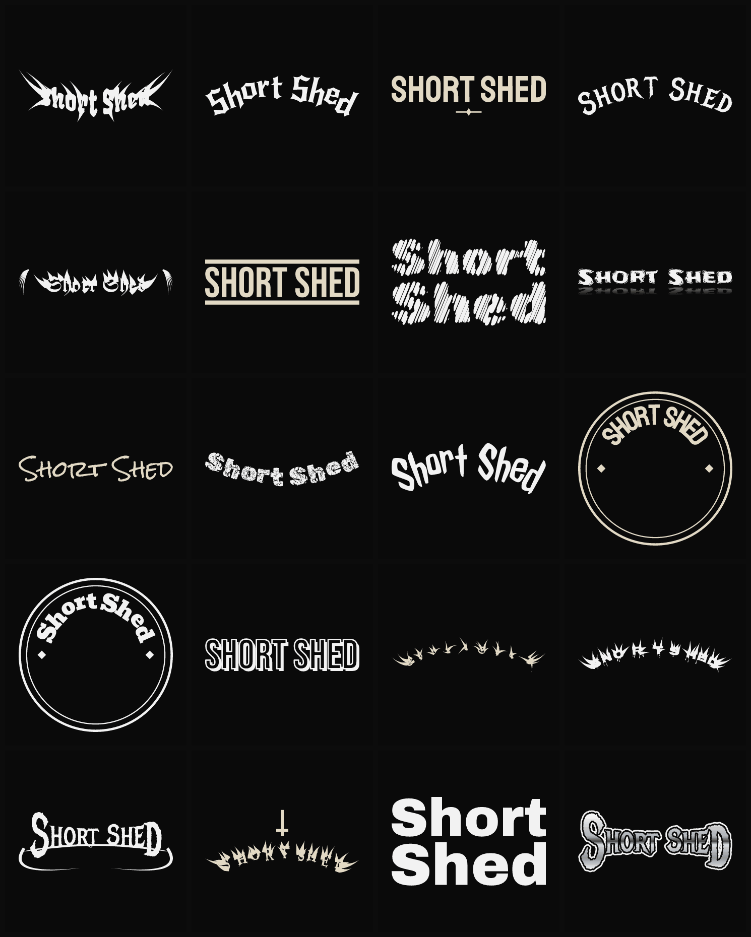 Twenty Short Shed band logo ideas — different faces, treatments and spike settings