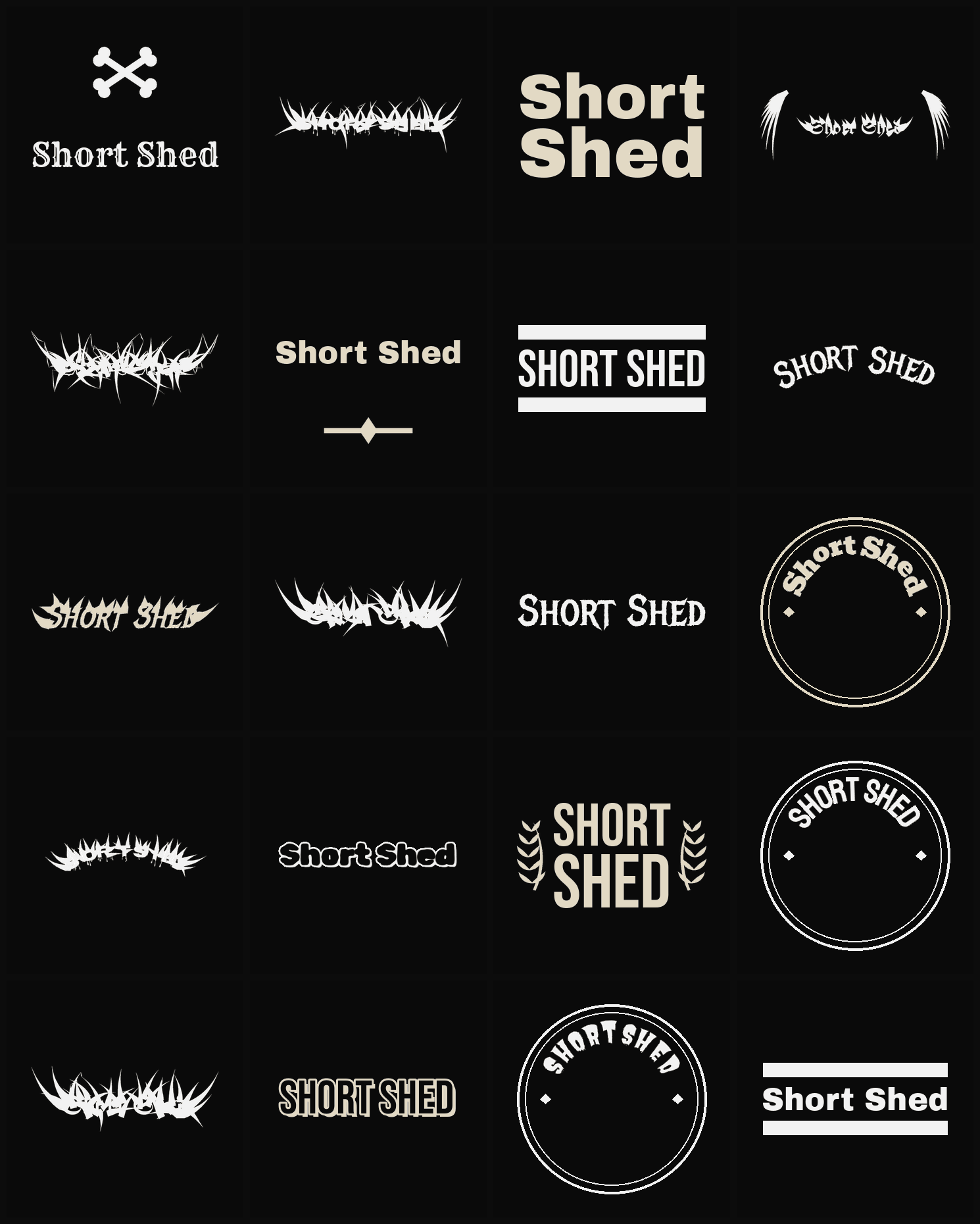 Twenty Short Shed band logo ideas — different faces, treatments and spike settings