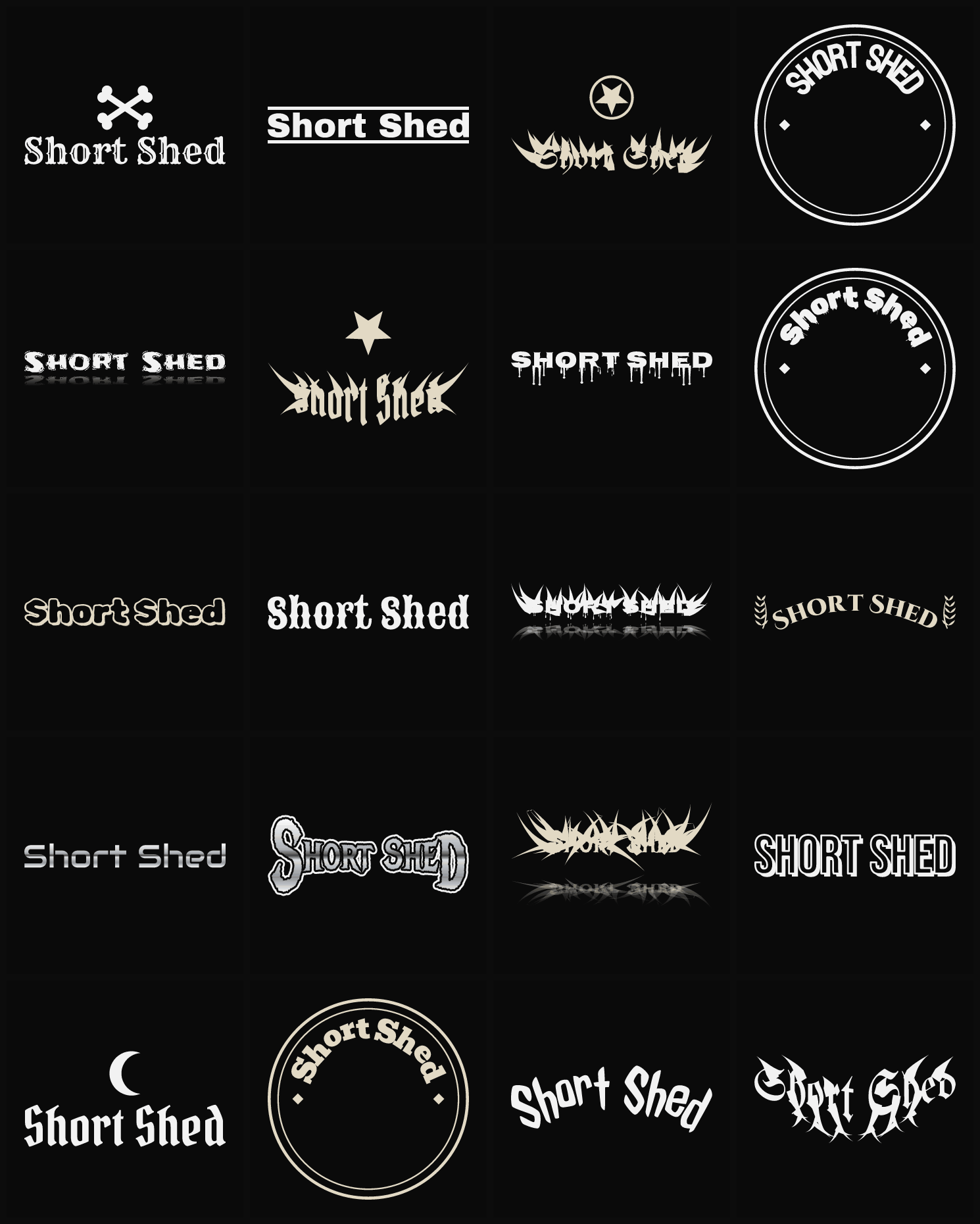Twenty Short Shed band logo ideas — different faces, treatments and spike settings