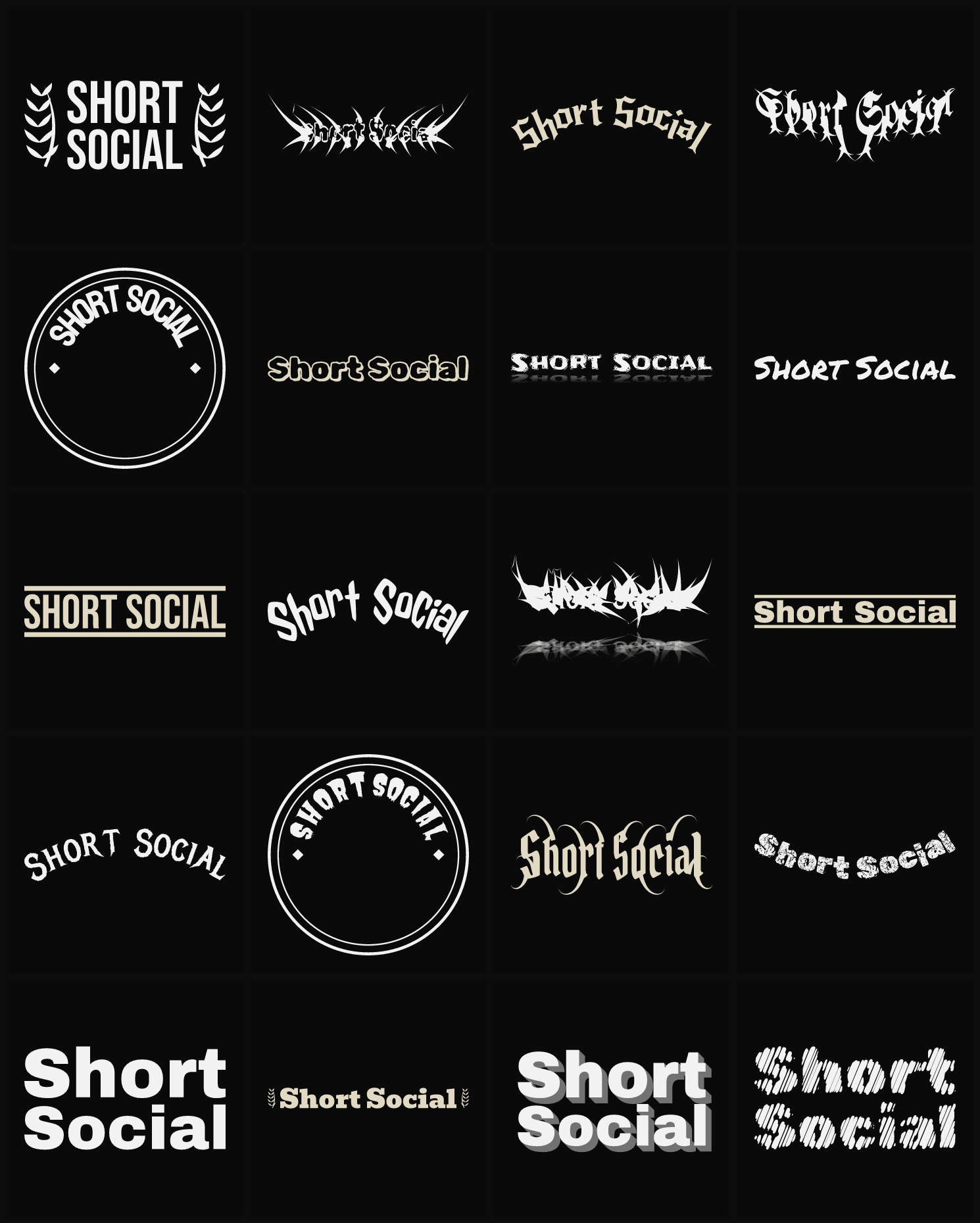 Twenty Short Social band logo ideas — different faces, treatments and spike settings