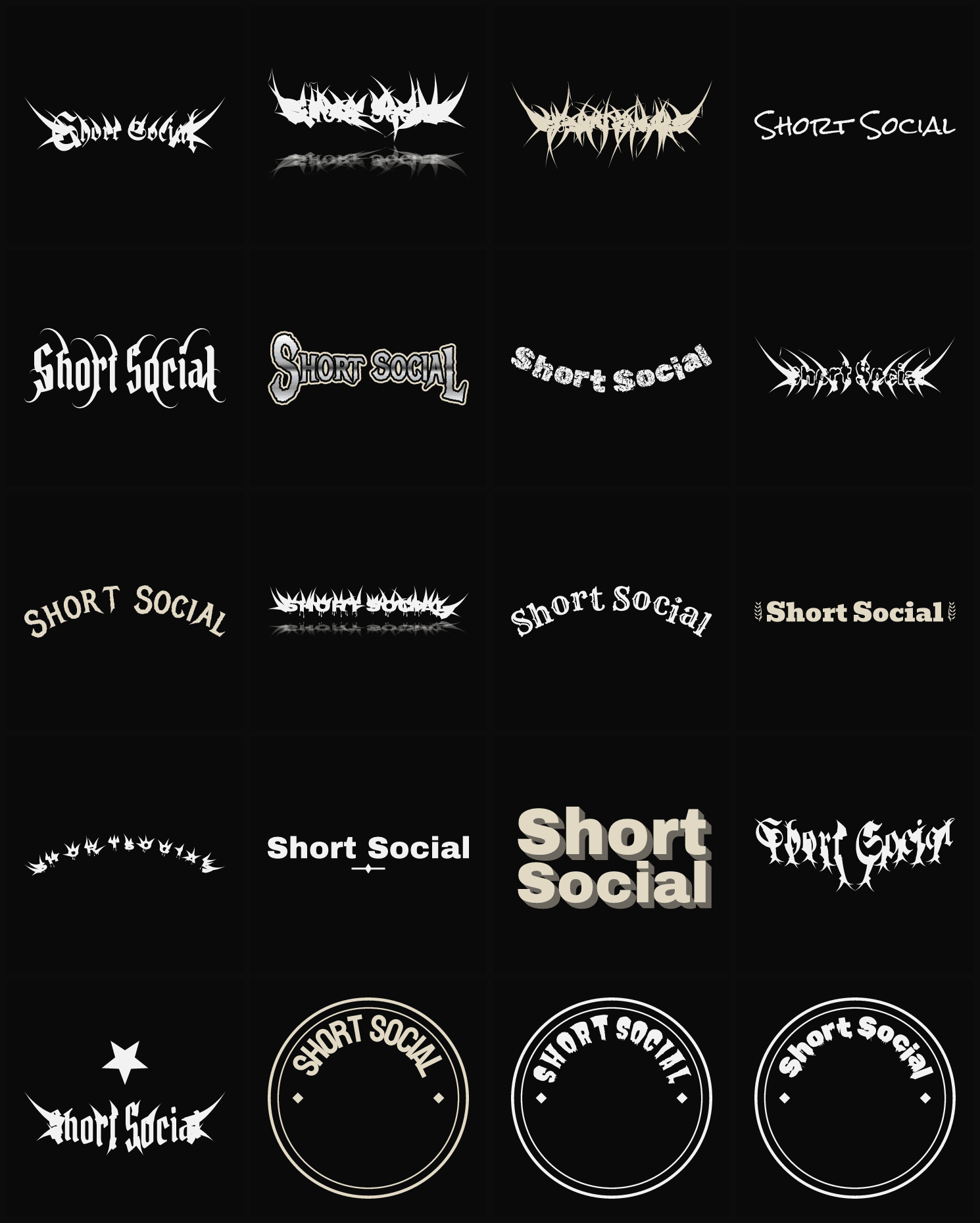 Twenty Short Social band logo ideas — different faces, treatments and spike settings