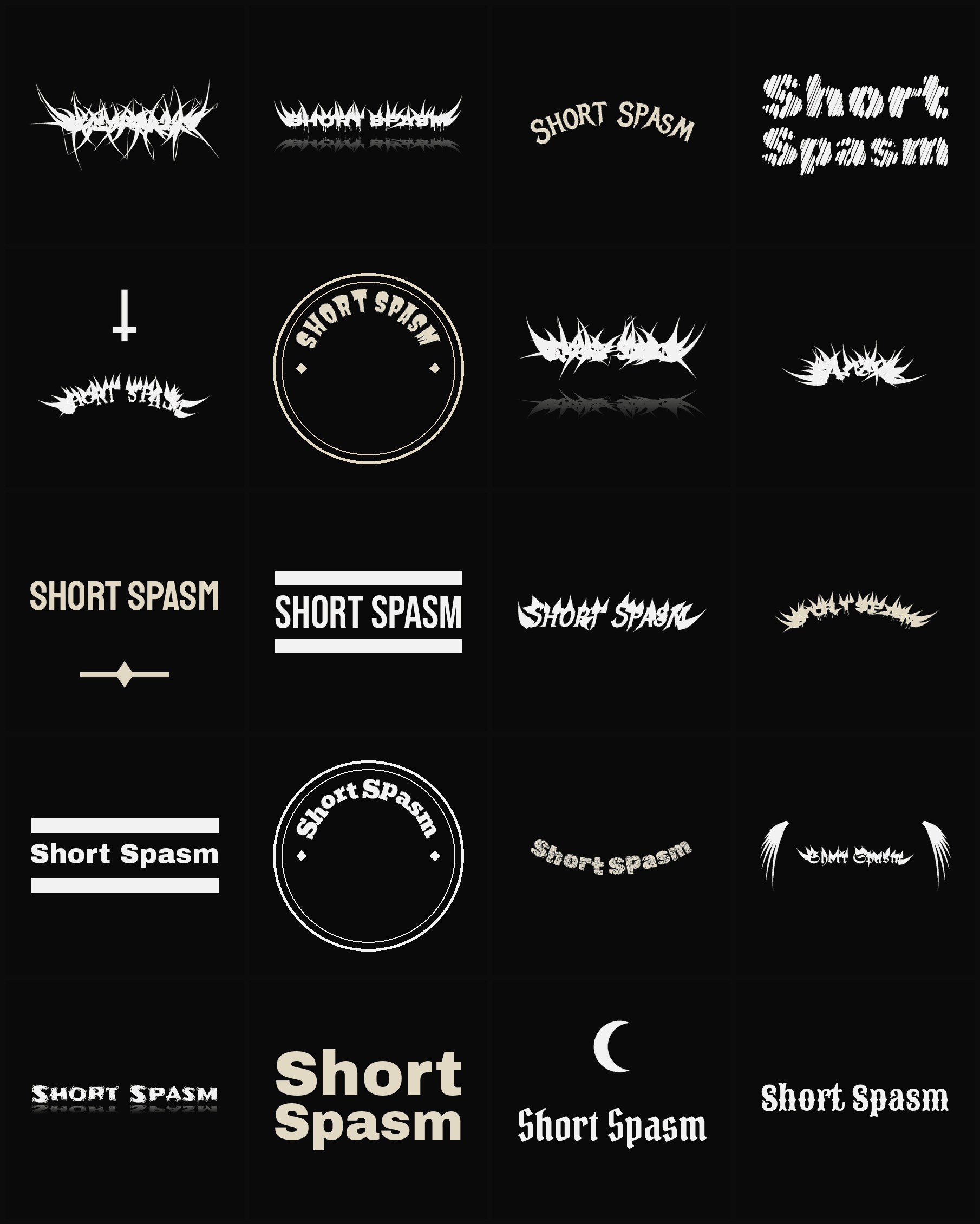 Twenty Short Spasm band logo ideas — different faces, treatments and spike settings