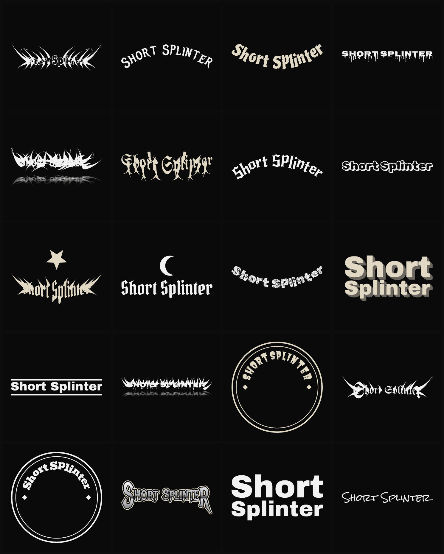 Twenty Short Splinter band logo ideas — different faces, treatments and spike settings