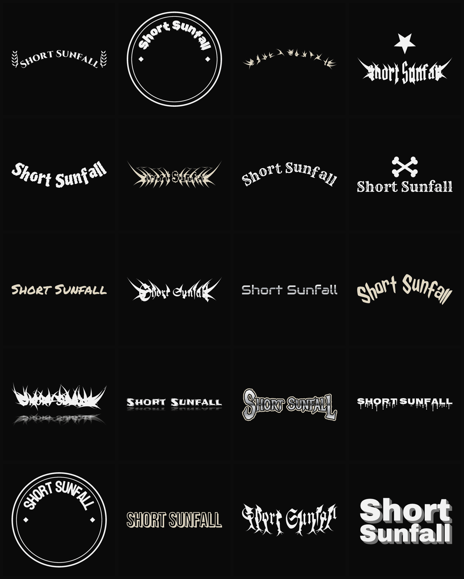 Twenty Short Sunfall band logo ideas — different faces, treatments and spike settings
