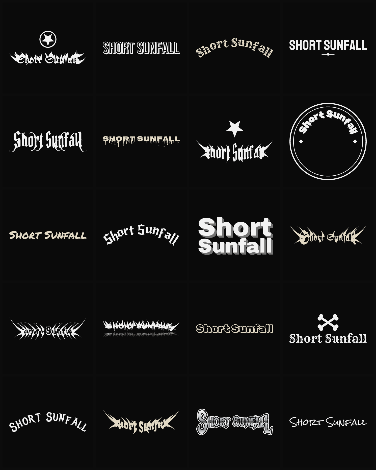 Twenty Short Sunfall band logo ideas — different faces, treatments and spike settings