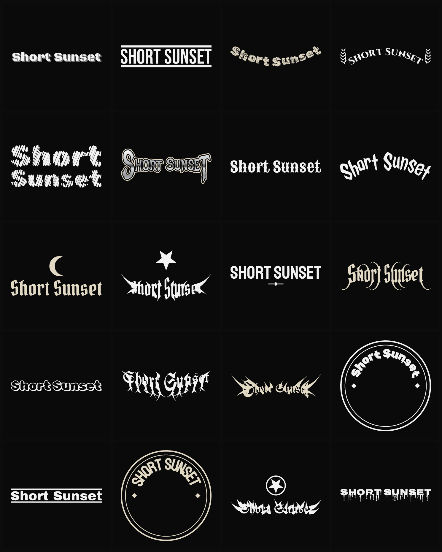 Twenty Short Sunset band logo ideas — different faces, treatments and spike settings