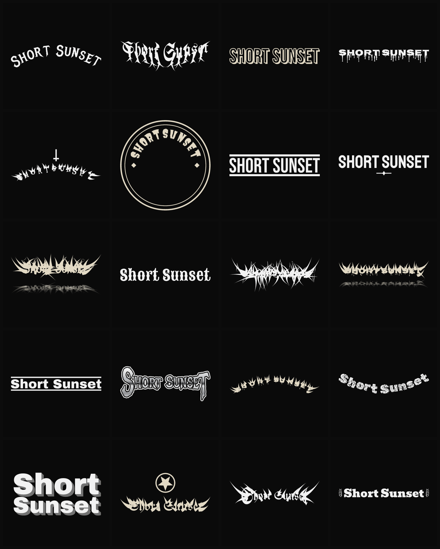 Twenty Short Sunset band logo ideas — different faces, treatments and spike settings
