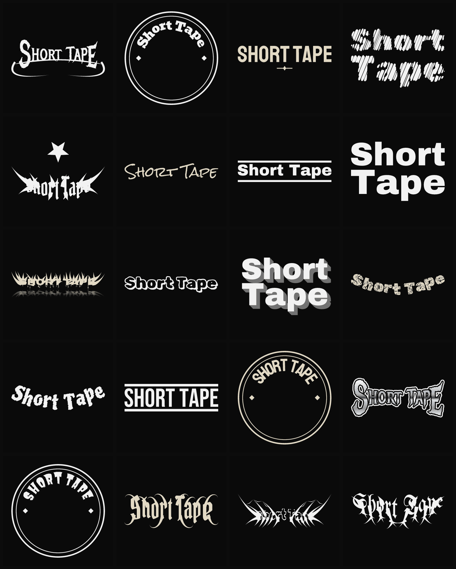 Twenty Short Tape band logo ideas — different faces, treatments and spike settings