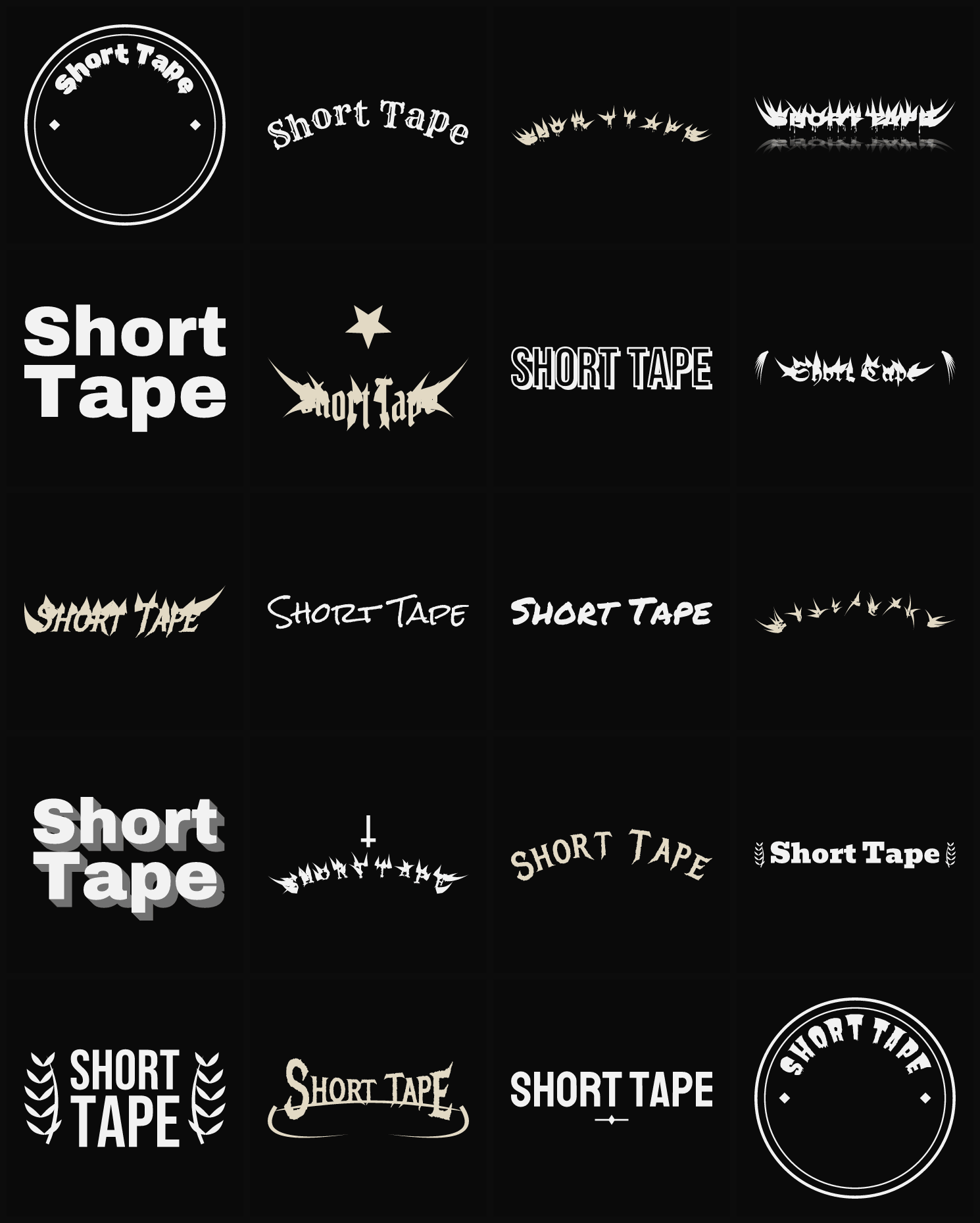 Twenty Short Tape band logo ideas — different faces, treatments and spike settings