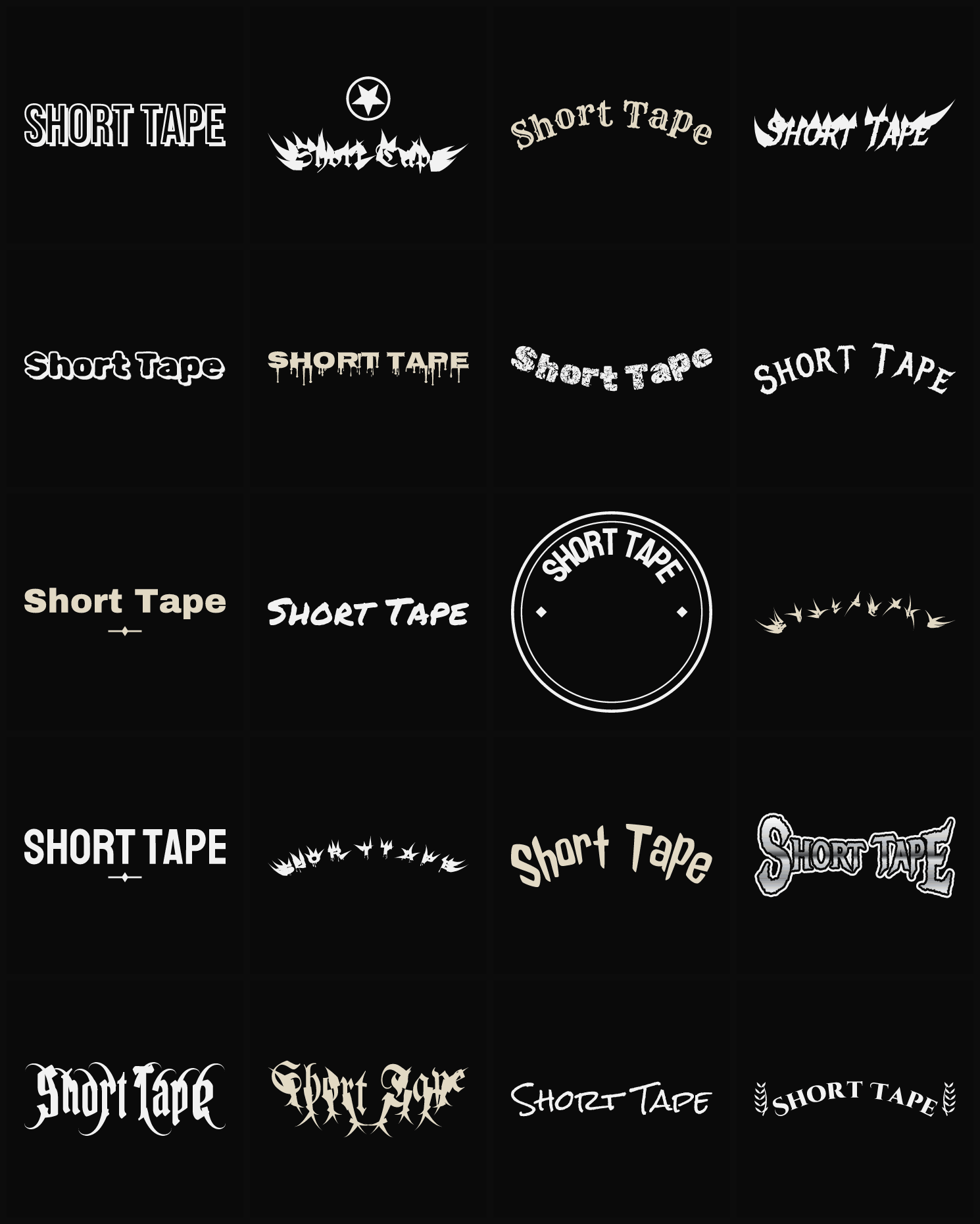 Twenty Short Tape band logo ideas — different faces, treatments and spike settings