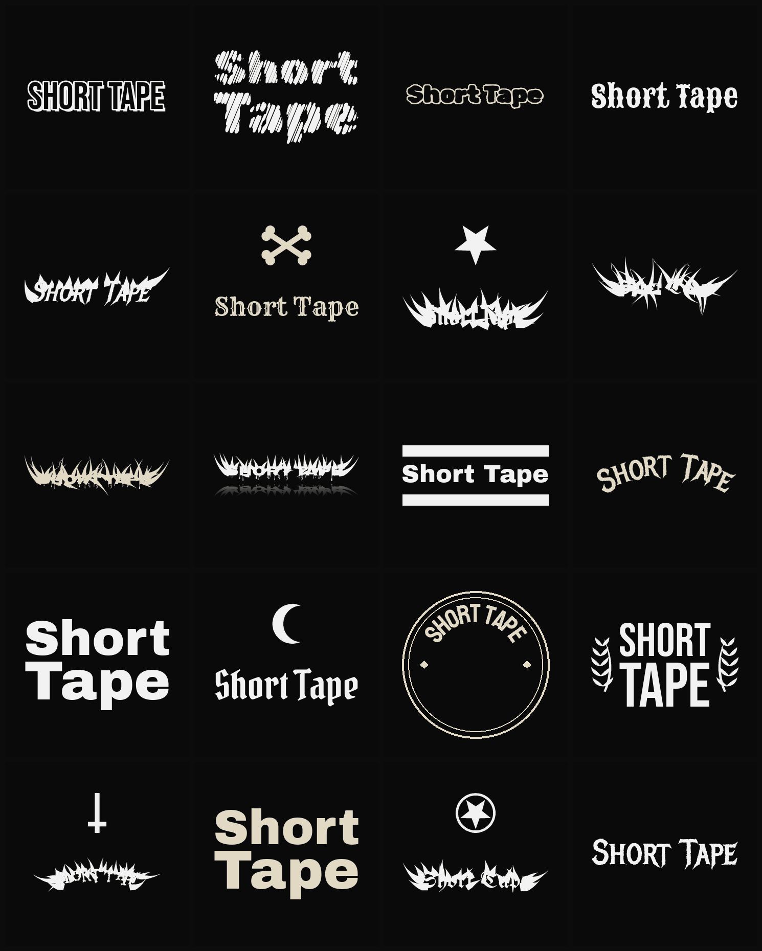 Twenty Short Tape band logo ideas — different faces, treatments and spike settings