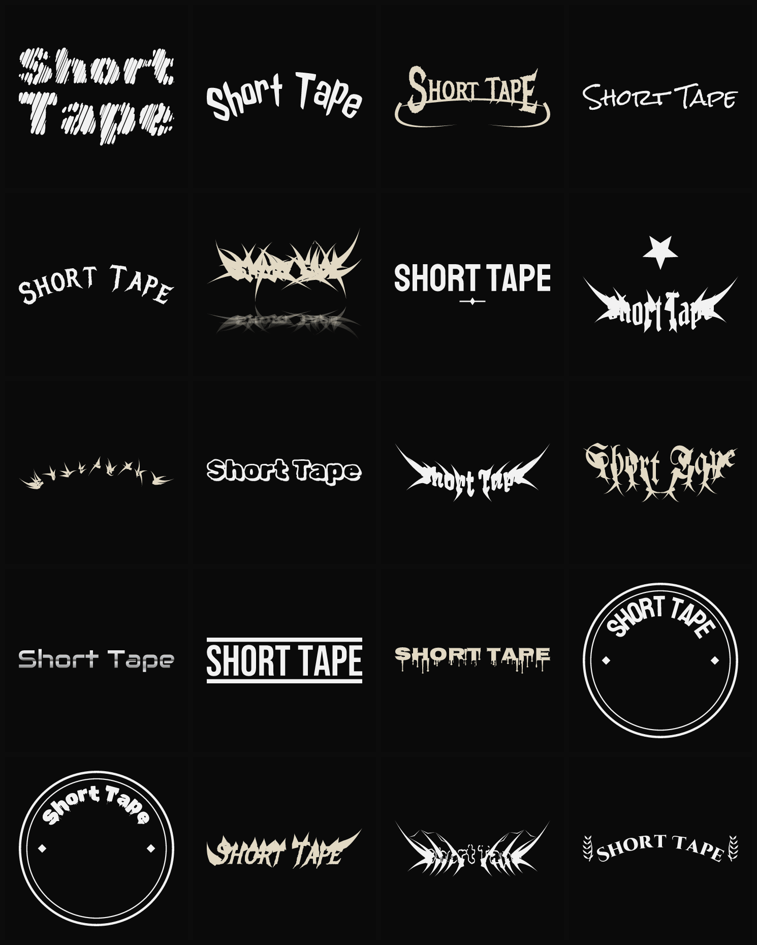 Twenty Short Tape band logo ideas — different faces, treatments and spike settings