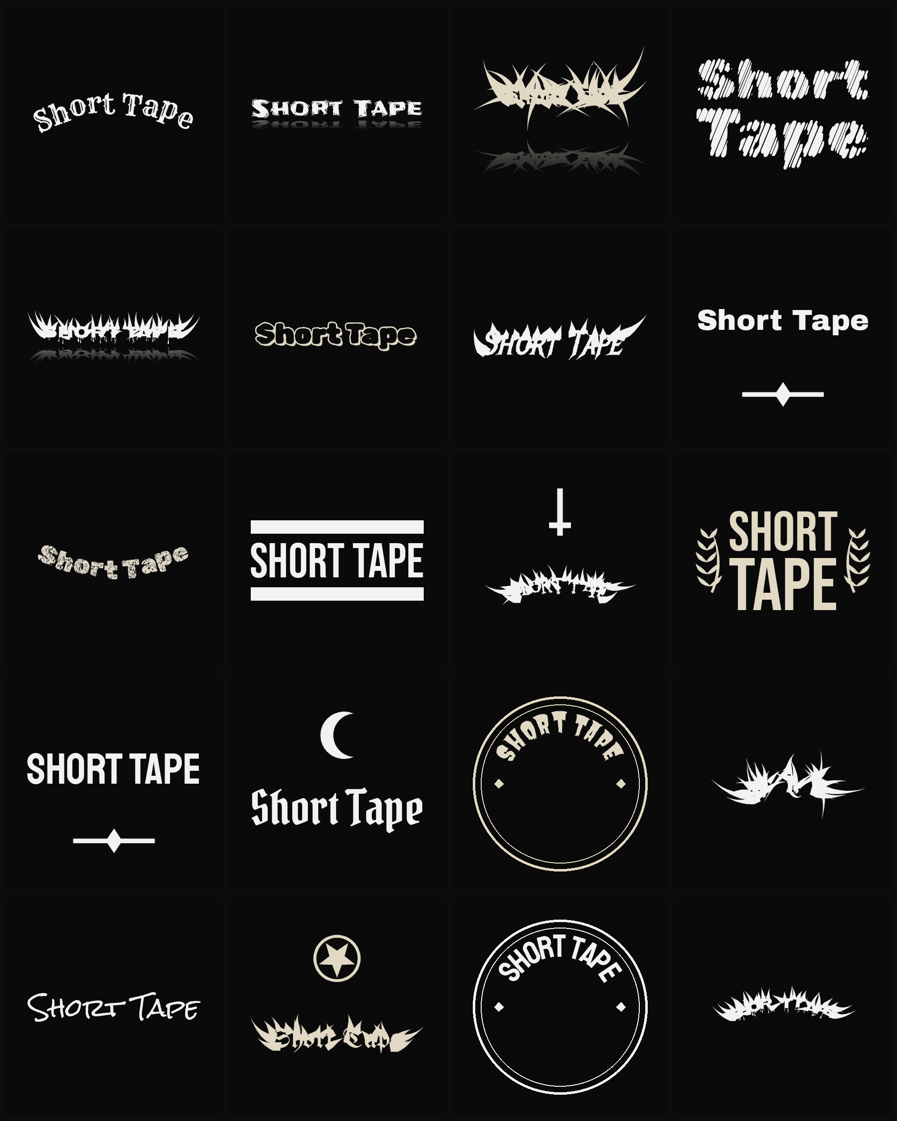 Twenty Short Tape band logo ideas — different faces, treatments and spike settings
