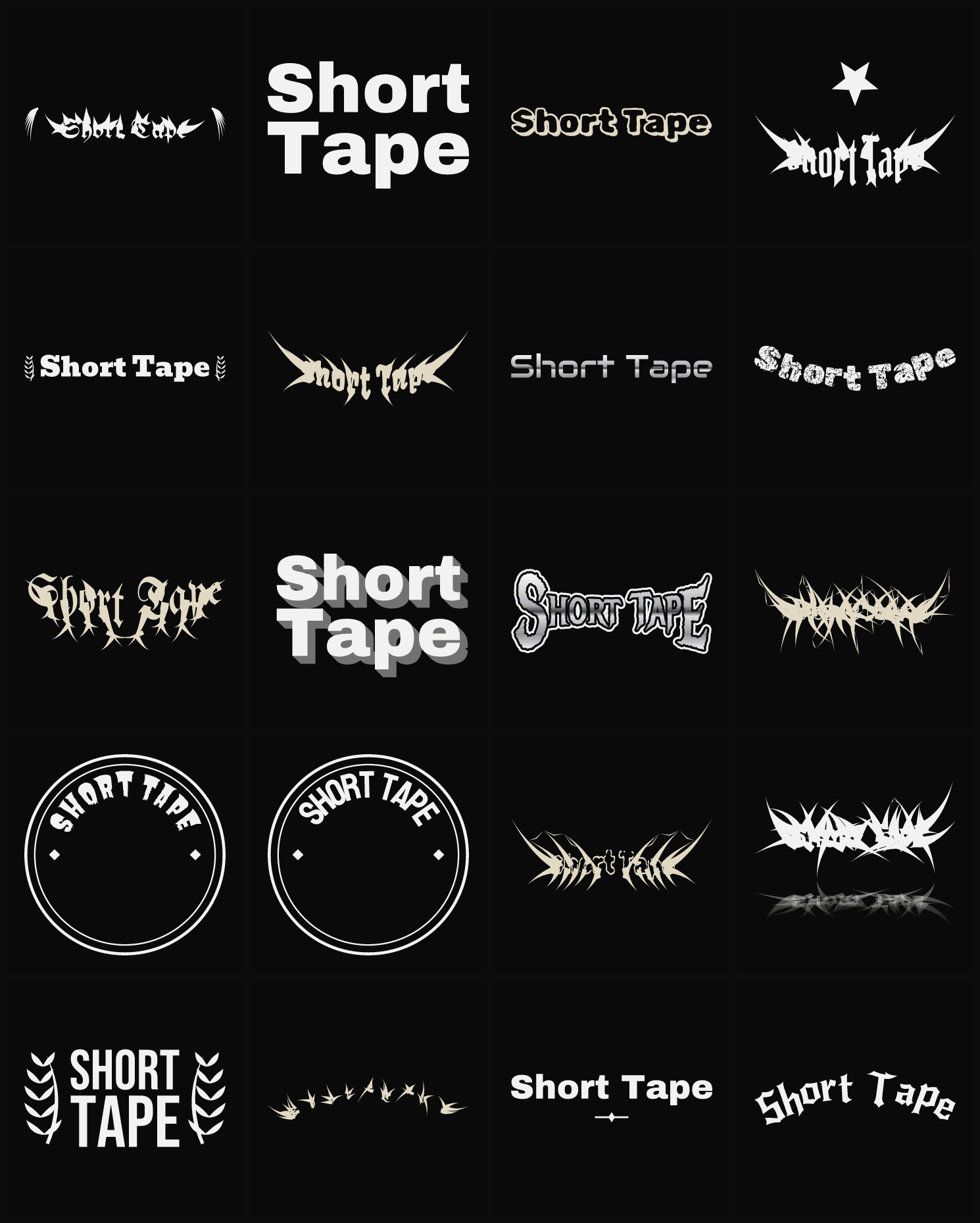 Twenty Short Tape band logo ideas — different faces, treatments and spike settings