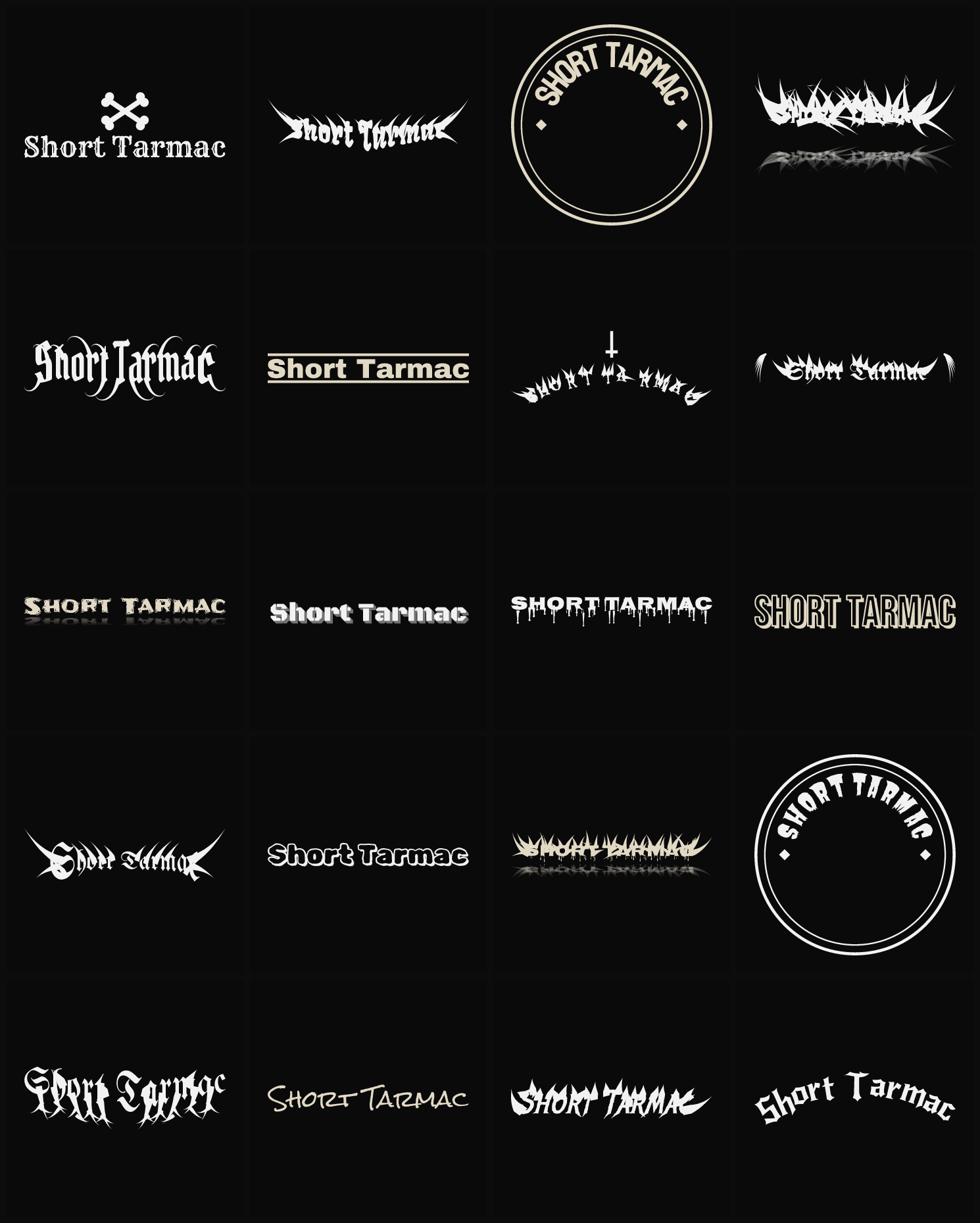 Twenty Short Tarmac band logo ideas — different faces, treatments and spike settings