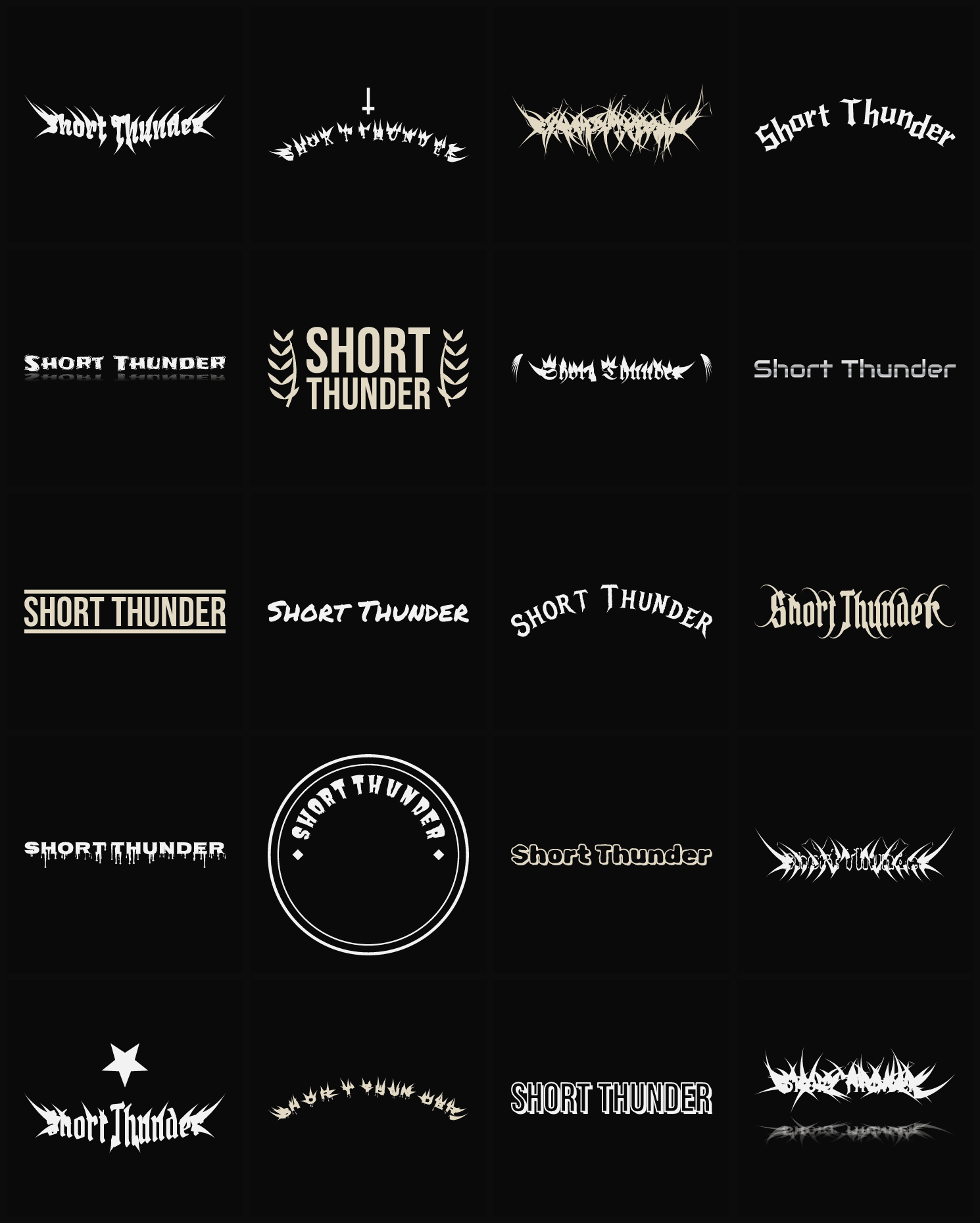 Twenty Short Thunder band logo ideas — different faces, treatments and spike settings