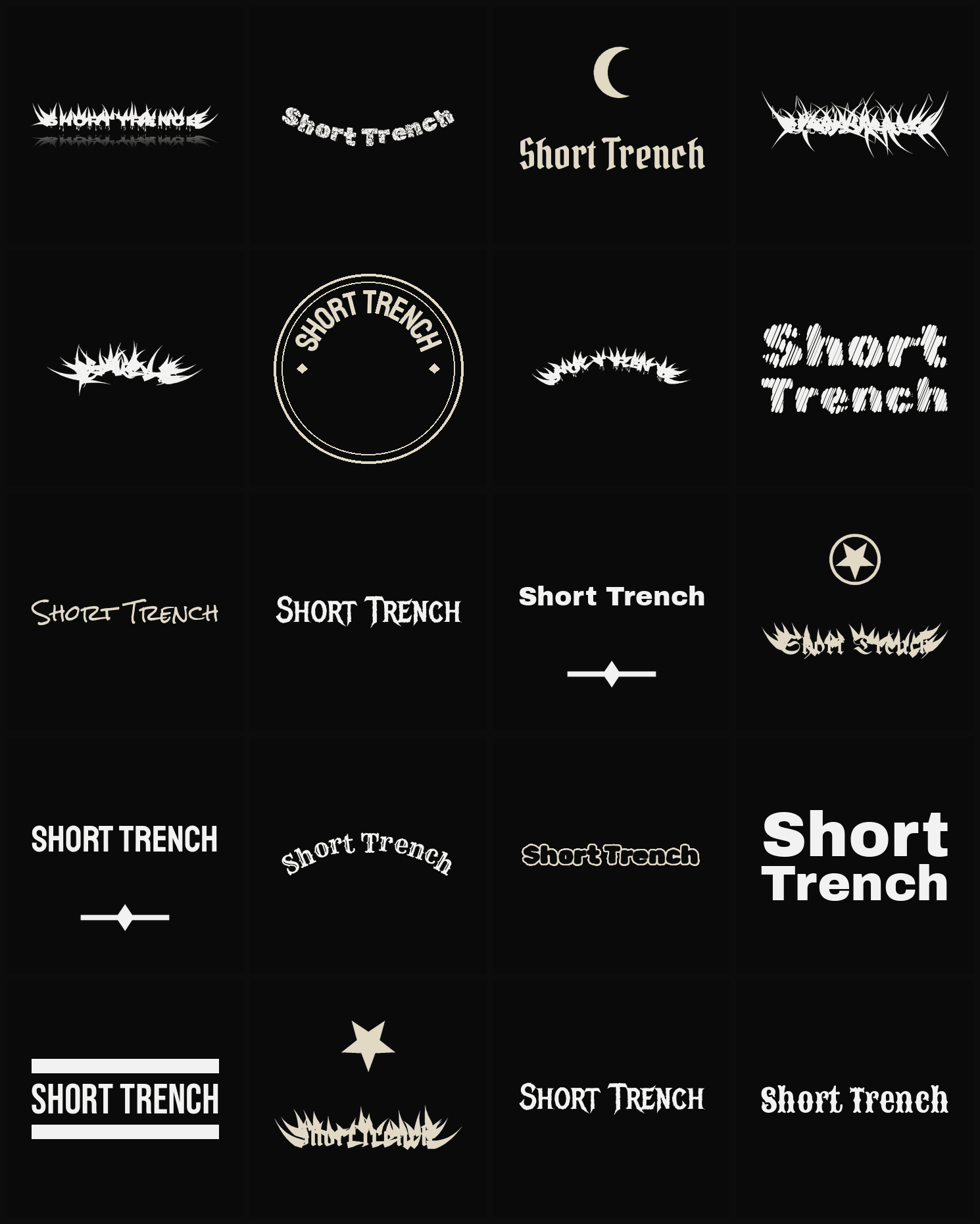 Twenty Short Trench band logo ideas — different faces, treatments and spike settings