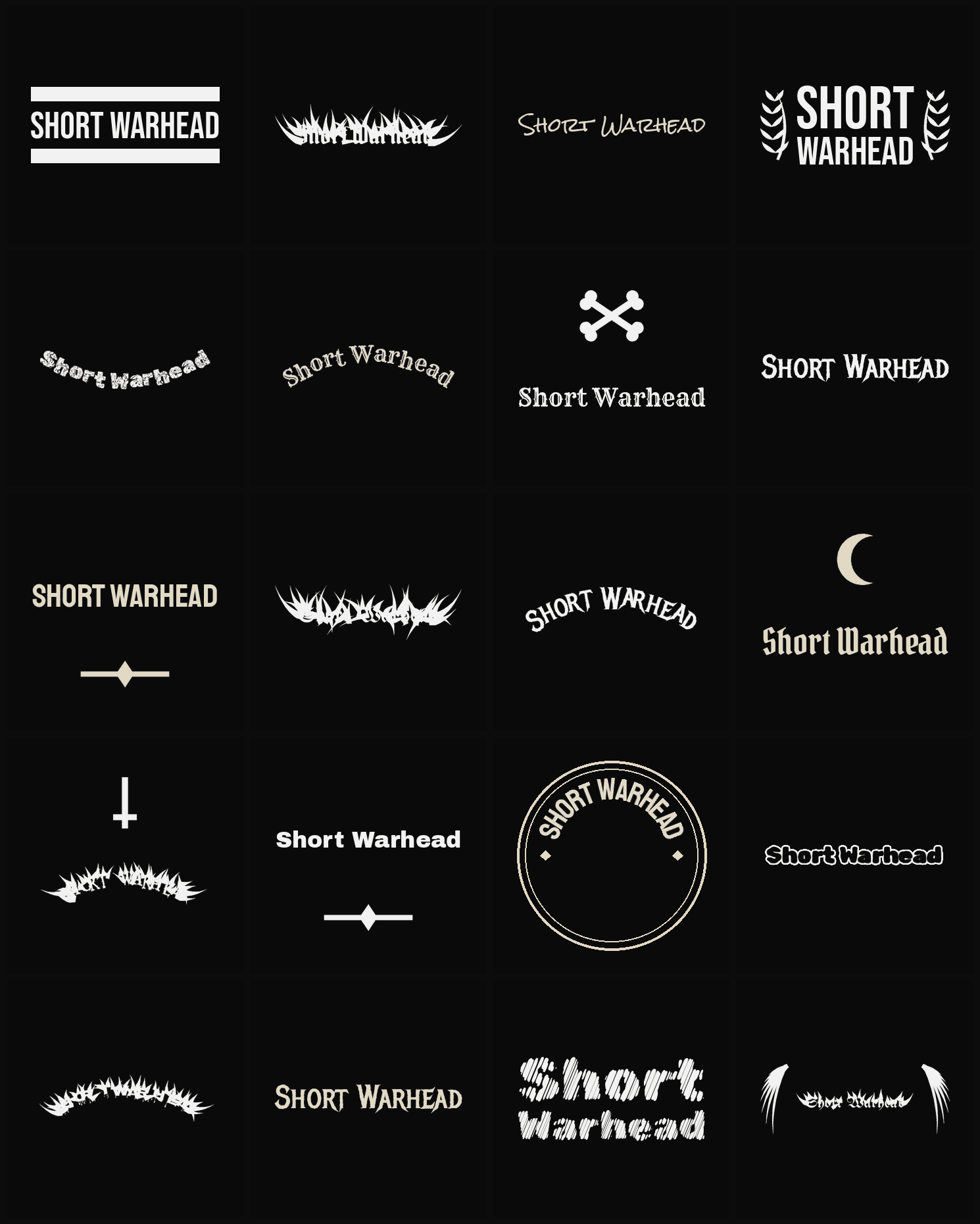 Twenty Short Warhead band logo ideas — different faces, treatments and spike settings