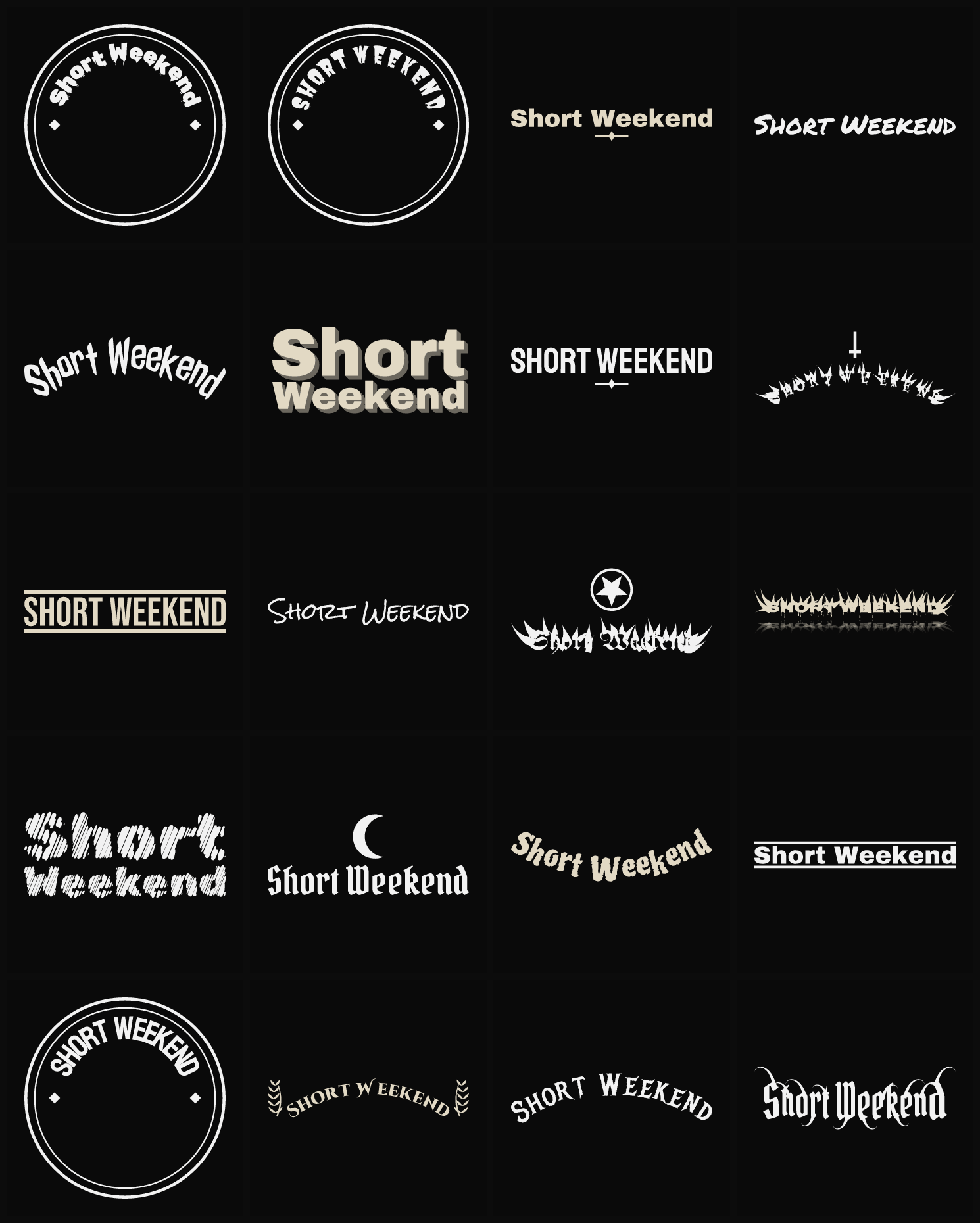 Twenty Short Weekend band logo ideas — different faces, treatments and spike settings