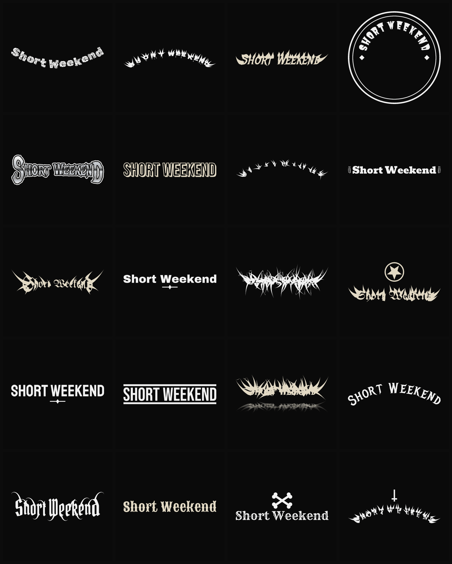 Twenty Short Weekend band logo ideas — different faces, treatments and spike settings