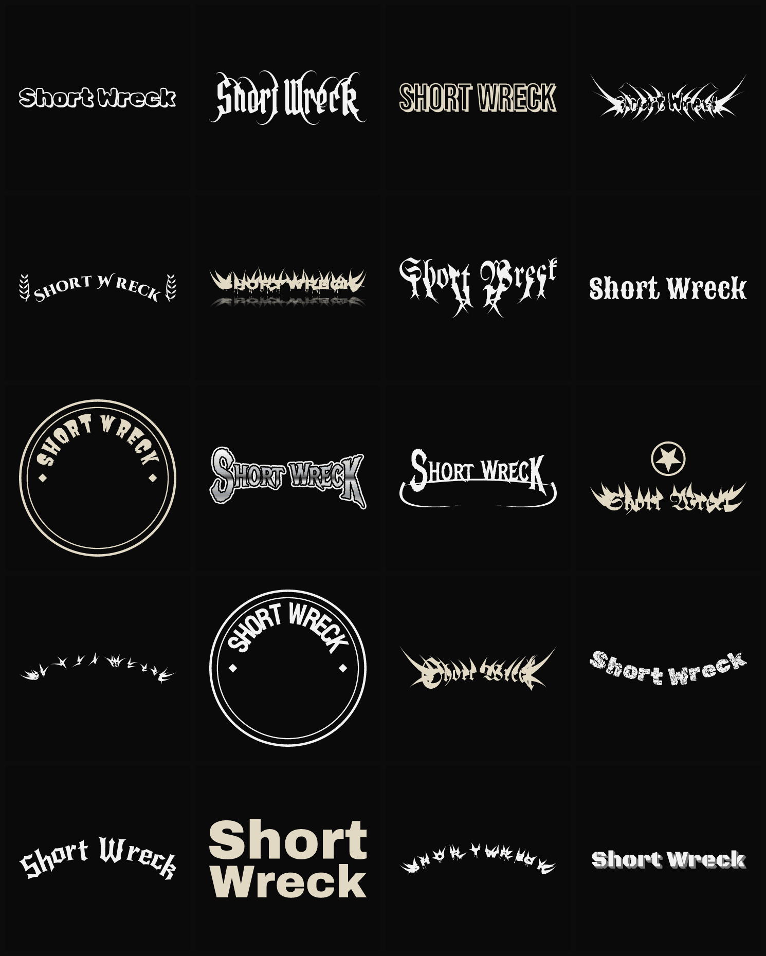 Twenty Short Wreck band logo ideas — different faces, treatments and spike settings