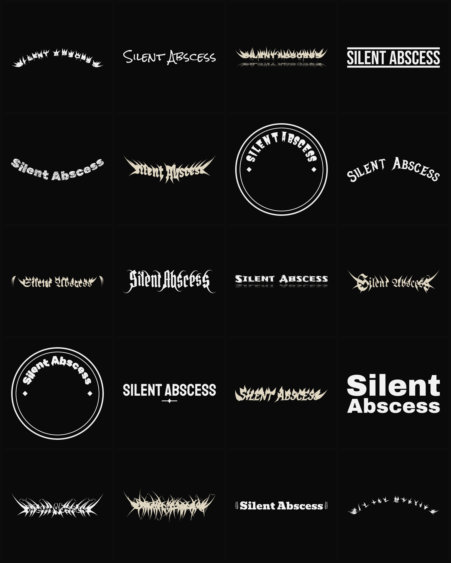 Twenty Silent Abscess band logo ideas — different faces, treatments and spike settings