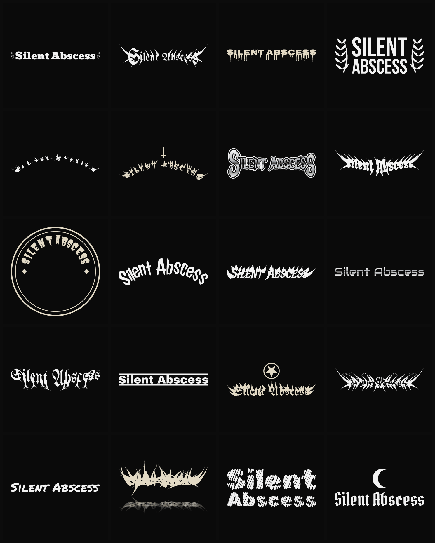 Twenty Silent Abscess band logo ideas — different faces, treatments and spike settings