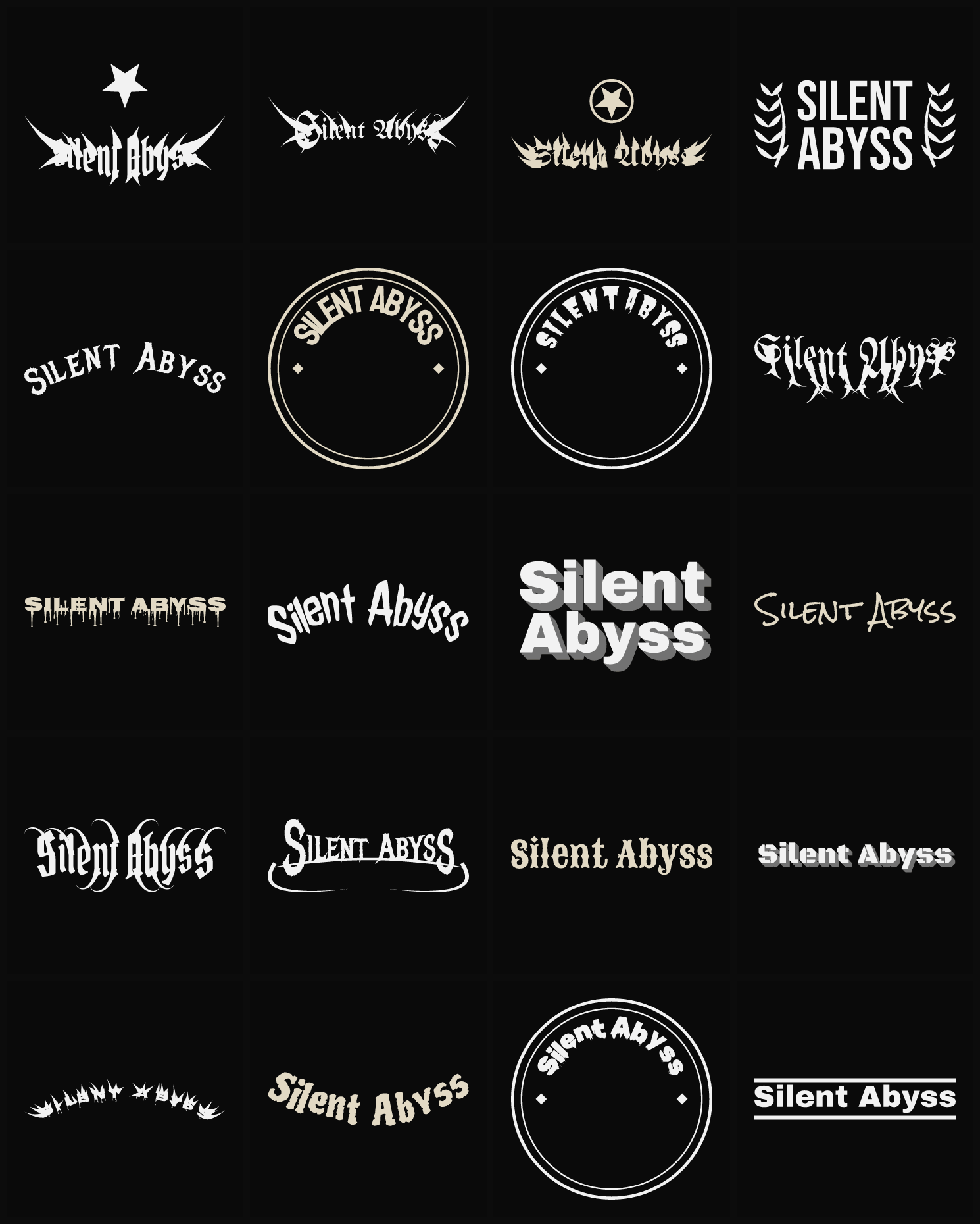 Twenty Silent Abyss band logo ideas — different faces, treatments and spike settings