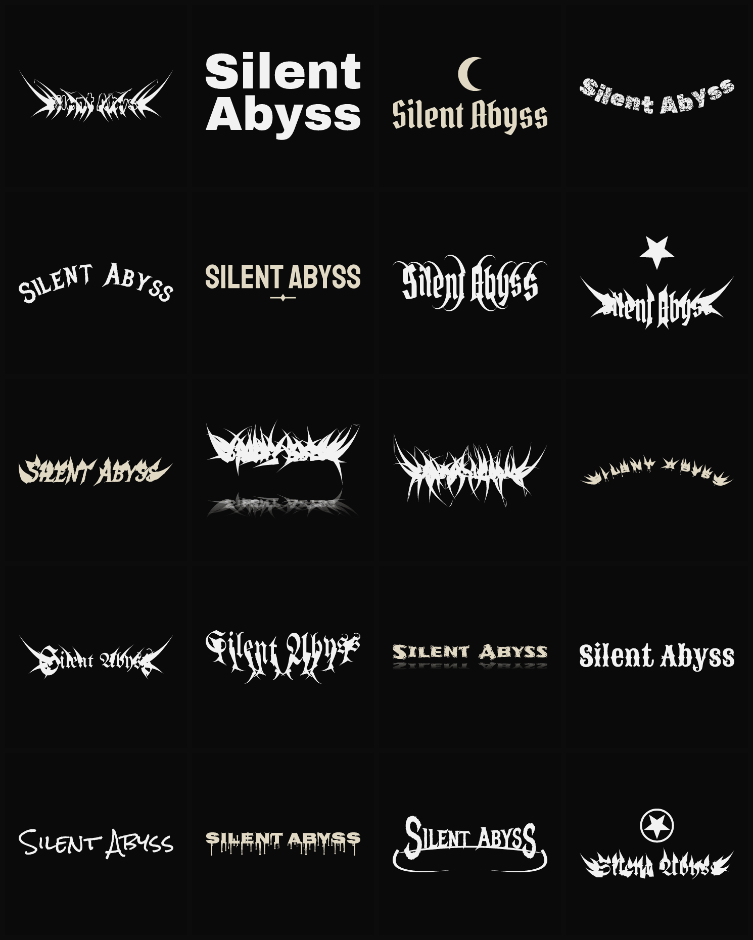 Twenty Silent Abyss band logo ideas — different faces, treatments and spike settings