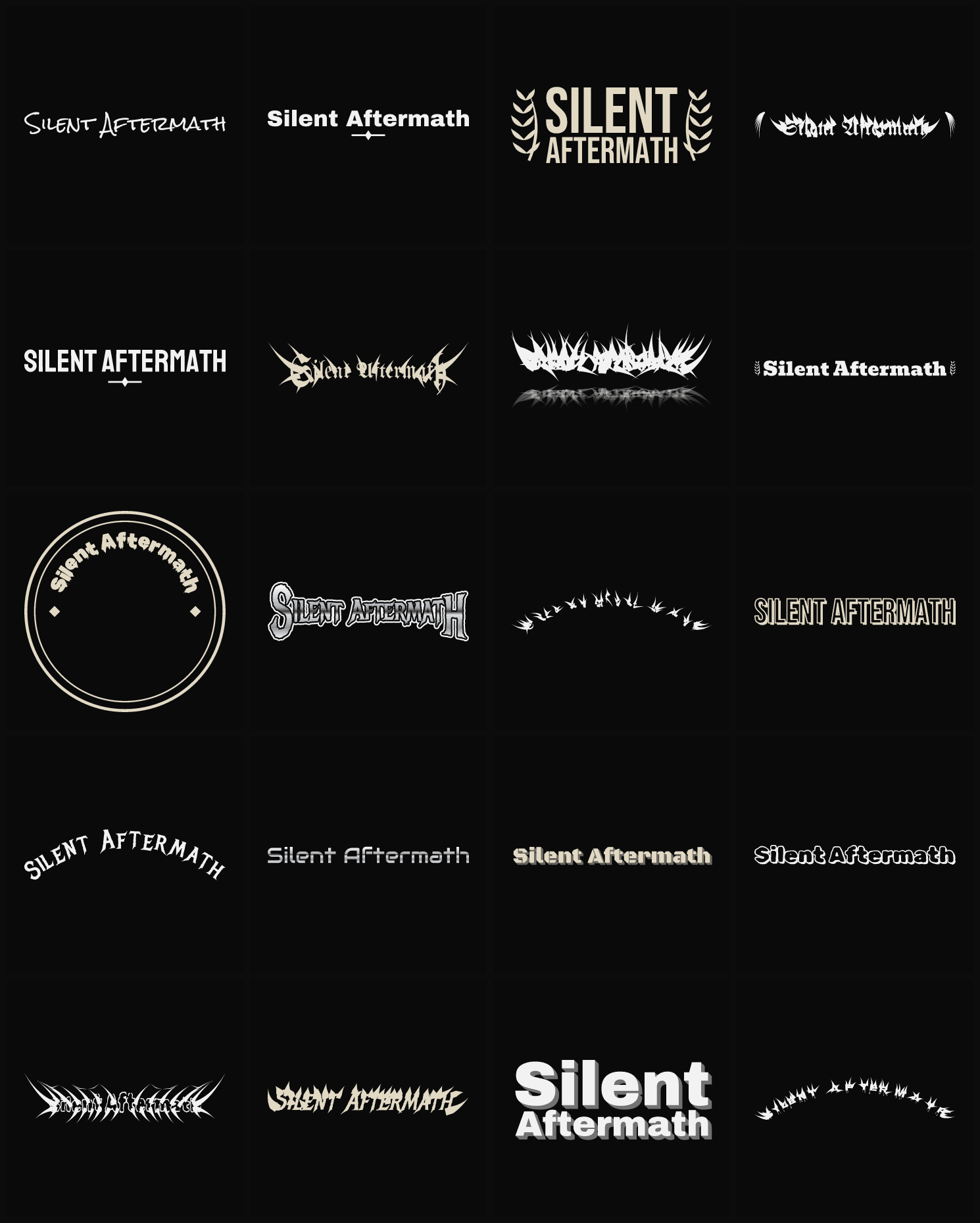 Twenty Silent Aftermath band logo ideas — different faces, treatments and spike settings