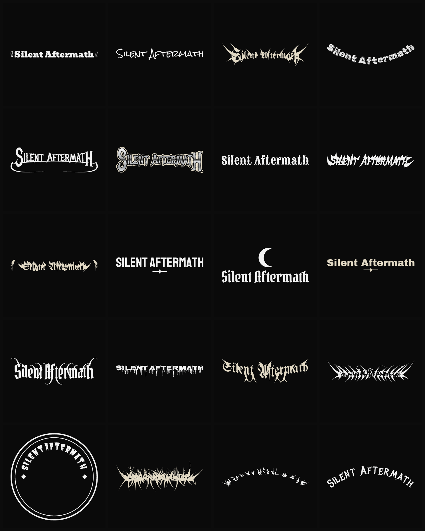 Twenty Silent Aftermath band logo ideas — different faces, treatments and spike settings