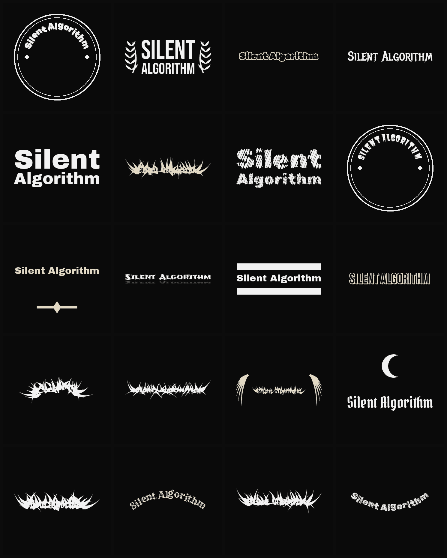 Twenty Silent Algorithm band logo ideas — different faces, treatments and spike settings