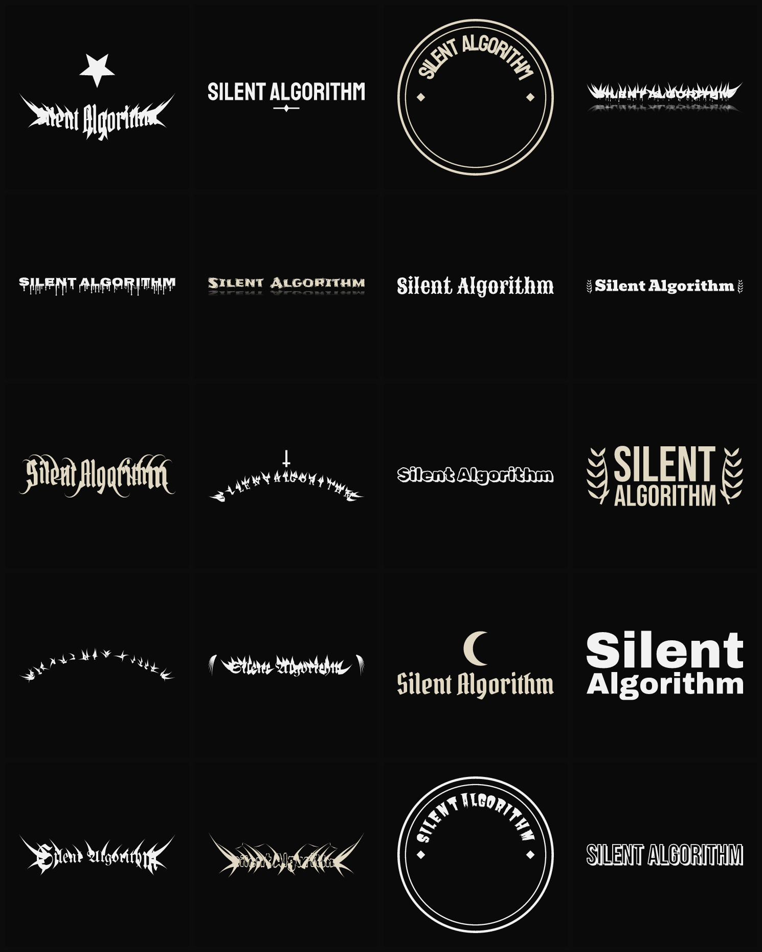 Twenty Silent Algorithm band logo ideas — different faces, treatments and spike settings