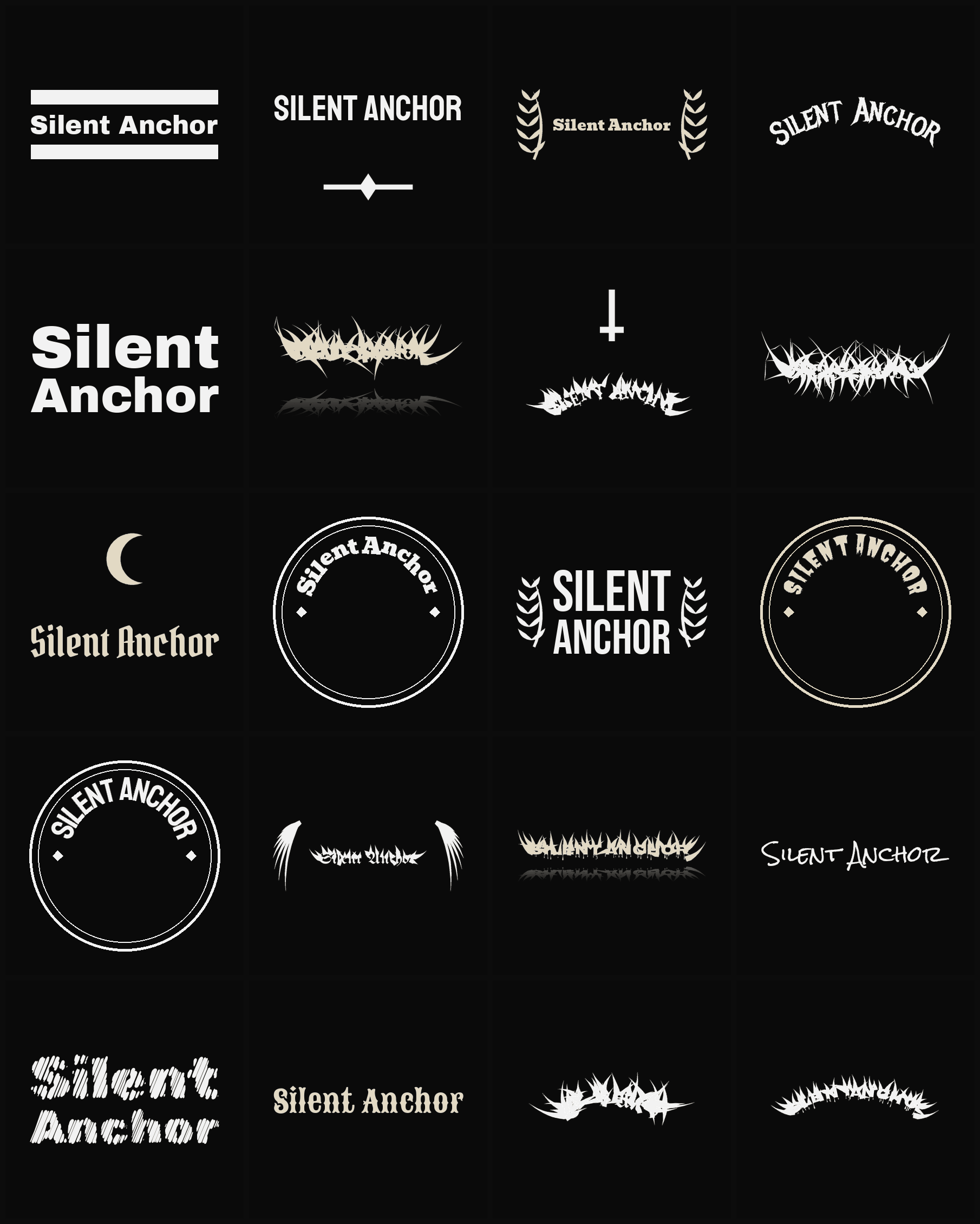 Twenty Silent Anchor band logo ideas — different faces, treatments and spike settings