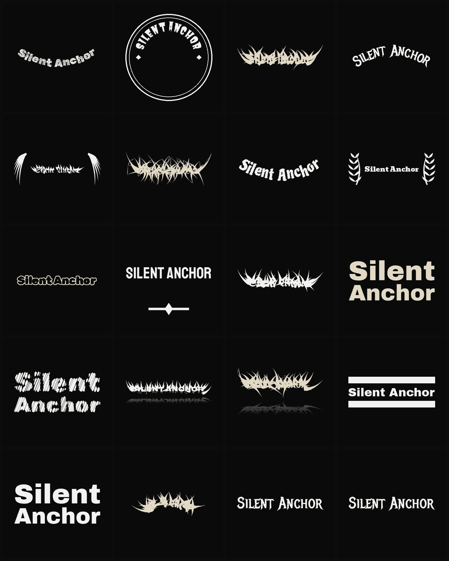 Twenty Silent Anchor band logo ideas — different faces, treatments and spike settings