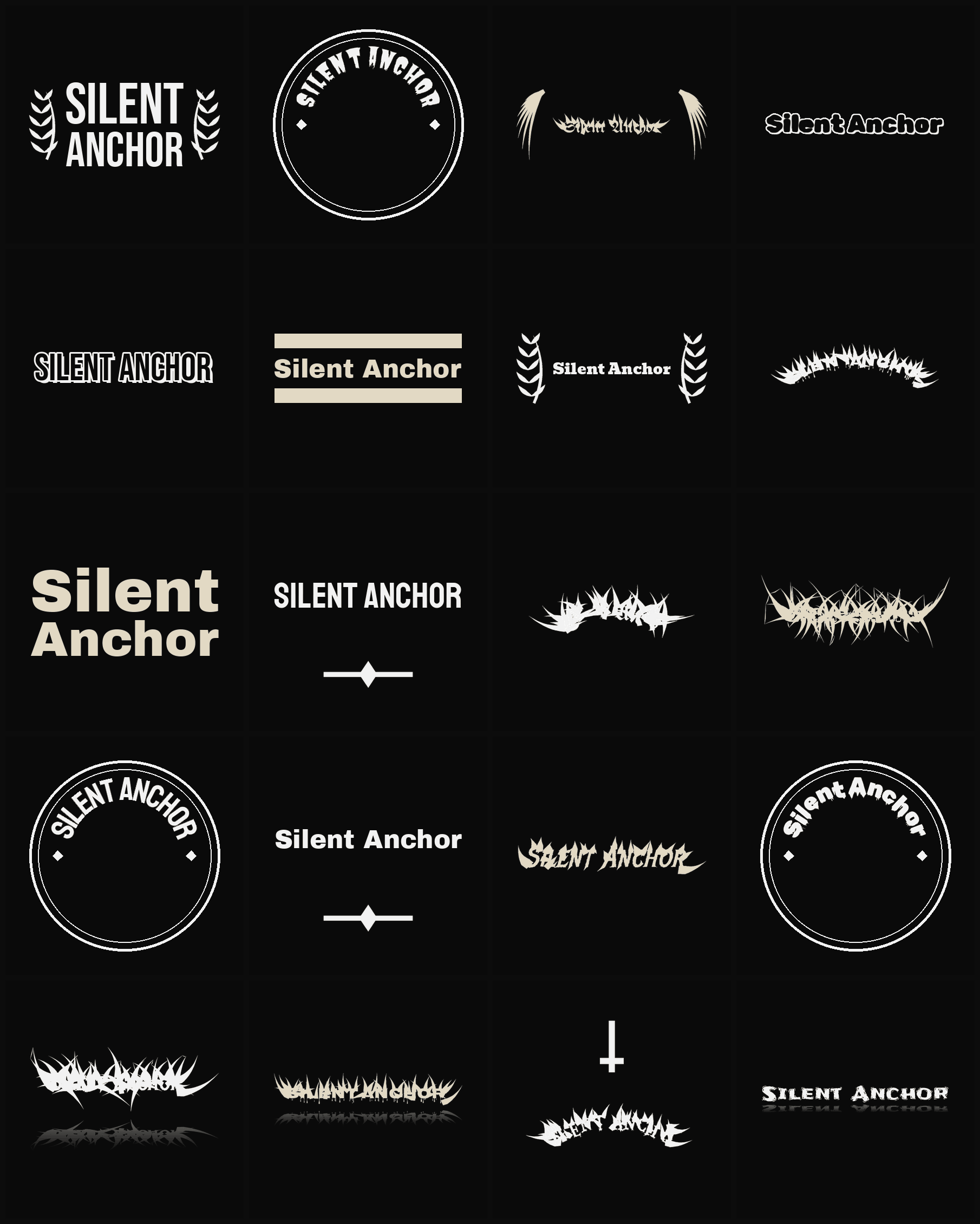 Twenty Silent Anchor band logo ideas — different faces, treatments and spike settings