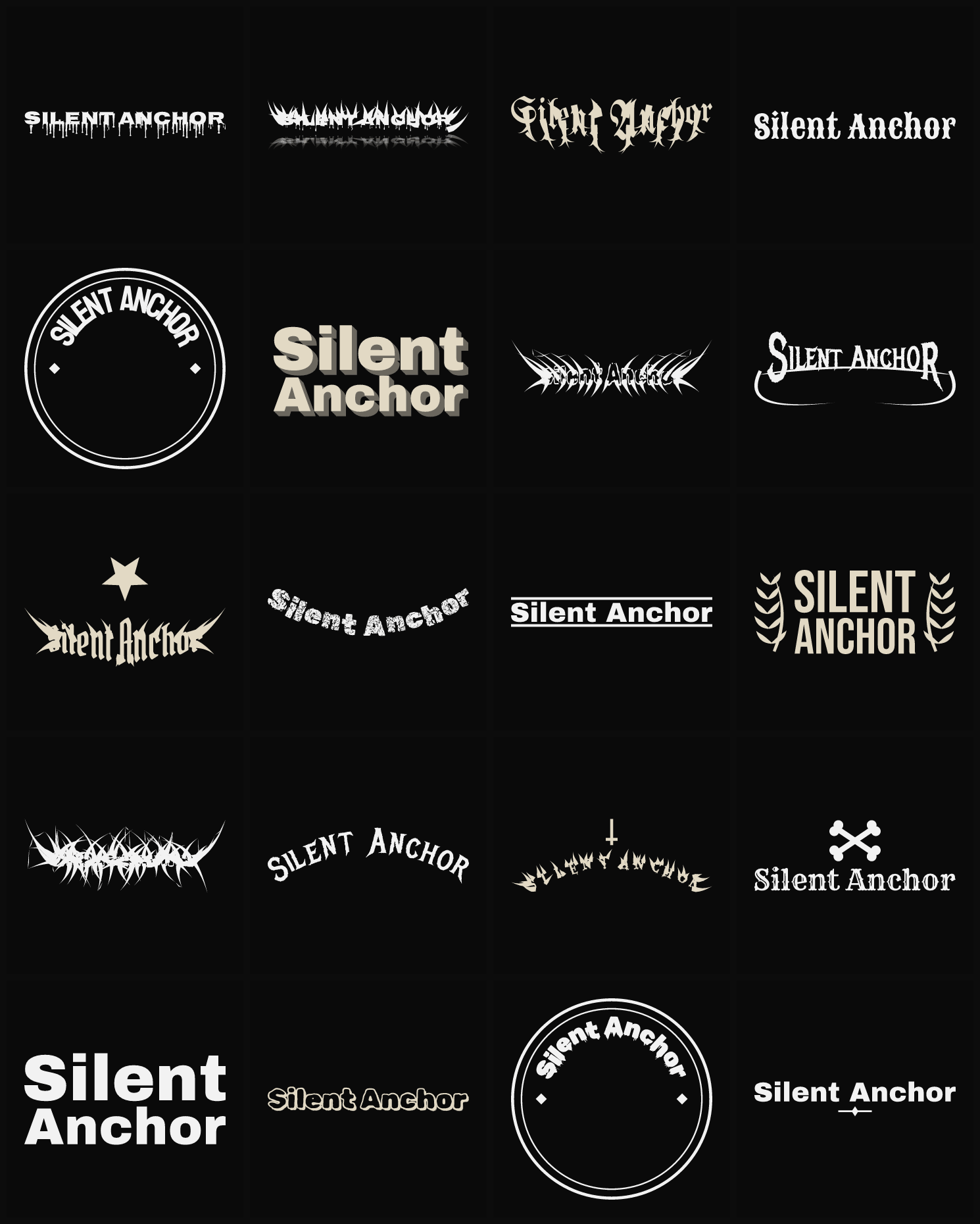 Twenty Silent Anchor band logo ideas — different faces, treatments and spike settings