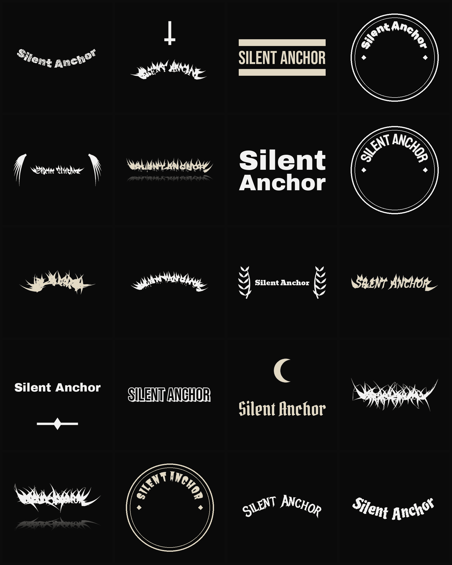 Twenty Silent Anchor band logo ideas — different faces, treatments and spike settings