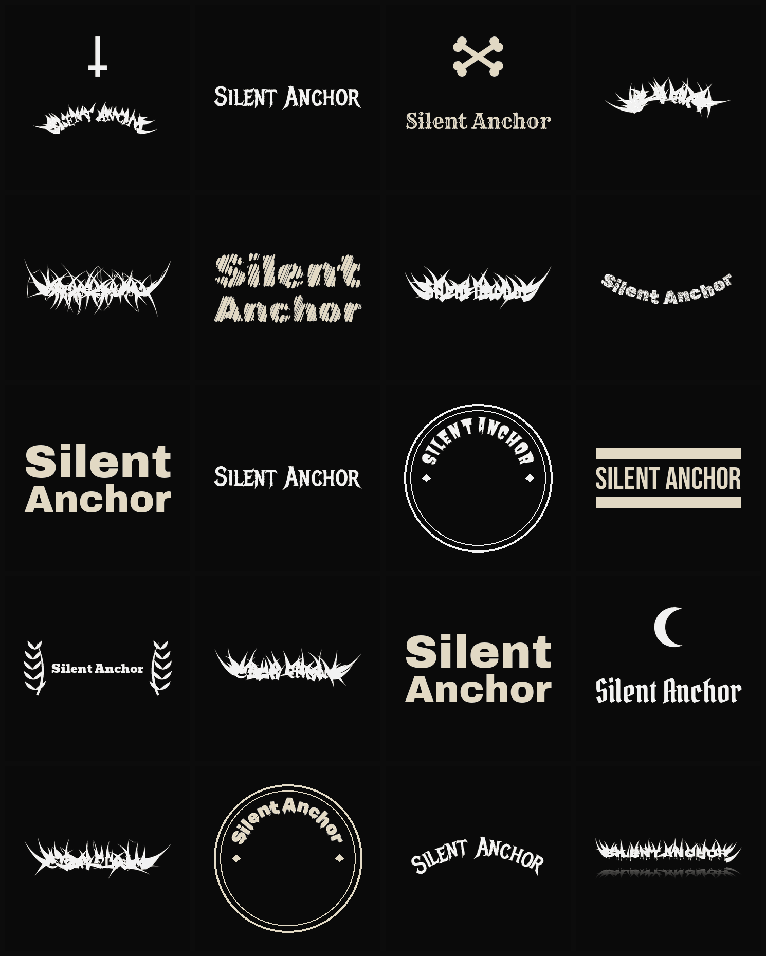 Twenty Silent Anchor band logo ideas — different faces, treatments and spike settings